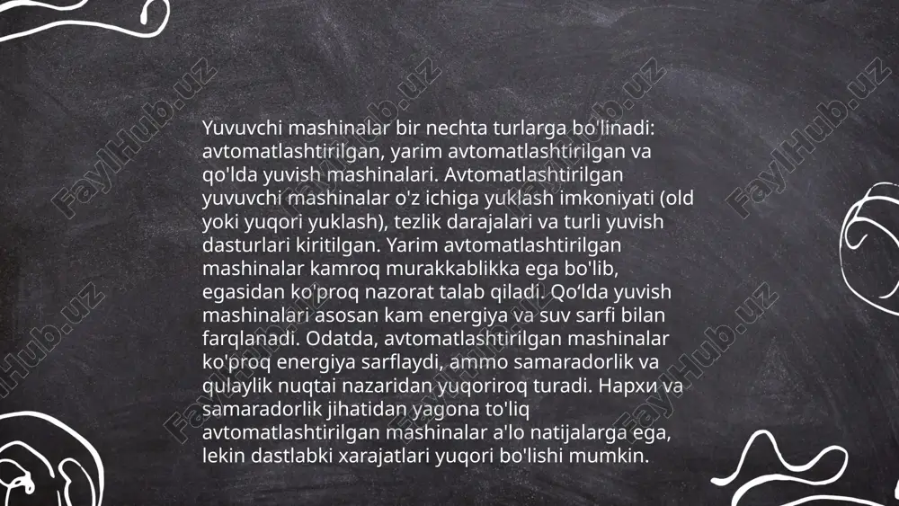 _bot sanoat sektorida suspenziya separatorlari ko'plab jarayonlarda muhim rol o'ynaydi. ular asosan suyuqlik va qattiq moddalarni ajratish uchun ishlatiladi. kimyo va farmatsevtika sanoatlarida suspenziyalarni tozalash, neft-gaz sektorida esa neftni suvdan ajratish uchun qo'llaniladi. tekstil va oziq-ovqat sanoatida ham foydalanish keng tarqalgan bo'lib, masalan, shakar suyuqligidan shakar kristallarini ajratishda qo'llaniladi. zamonaviy separatorlar soniyada minglab aylanishni tashkil qilishi mumkin, bu esa ajratish jarayonini tezlashtiradi va samaradorligini oshiradi. 1950-yillardan boshlab separatorlar sanoatda keng qo'llanilmoqda va hozirgi kunda ularning yangi texnologiyalari rivojlanmoqda. ... t.me/slaydai_bot 10. smart texnologiyalar va zamonaviy yuvuvchi mashinalar zamonaviy yuvuvchi mashinalar aqlli texnologiyalar bilan jihozlangan bo‘lib, energiya samaradorligini oshirish va ish unumdorligini yuqori darajaga ko‘tarishga qaratilgan. masalan, ko‘p yuvuvchi mashinalar a+++ energiya klassiga kiradi, bu esa elektr energiya sarfini taxminan 30% ga kamaytiradi. shuningdek, ba'zi modellarda wi-fi orqali masofadan boshqarish imkoniyati mavjud bo‘lib, foydalanuvchilar smartfon orqali yuvish jarayonini kuzatib borishlari mumkin. o‘rtacha yuvuvchi mashinalarda 7-9 kg sig‘im mavjud bo‘lib, bu katta …