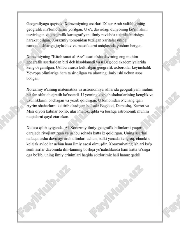 ri, al-farg‘oniy o‘zi yaratgan usullardan foydalanib, sayyoralarning o‘zaro masofalarini va ularning orbitadagi harakat tezliklarini hisoblab chiqishda katta yutuqlarga erishdi. uning hisob-kitoblarida uran, neptun va pluton kabi qo‘shimcha sayyoralar kiritilmagan bo‘lsa-da, qolgan besh sayyora va quyosh va oyning pozitsiyalari aniq va to‘g‘ri keltirilgan. bu keltirilgan ma'lumotlar al-farg‘oniyning astronomiya ilmida qilgan kashfiyotlari va hisob-kitoblarining bir qismini tashkil etadi. u keragicha aniq va matematik hisob-kitoblarga asoslangan o‘z asarlari orqali o‘zidan keyingi davrlardagi astronomlarning tadqiqotlariga asos solgan va ularga ilhom manbai bo‘lgan. 3. al-beruniy va qiyosiy geografiya al-beruniy (973–1048) o‘rta asrlarda yashagan musulmon olimi bo‘lib, u qator fanlarda, jumladan, geografiya, astronomiya, matematika va tabiiy fanlarda katta hissa qo‘shgan. uning geografiya sohasidagi eng mashhur asarlaridan biri "hindiston" kitobi bo‘lib, unda u hindiston madaniyati, dini va tabiati haqida batafsil ma’lumotlar taqdim etgan. lekin, al-beruniy faqatgina hindiston bilan cheklanib qolmagan. u qiyosiy geografiya sohasida ham sezilarli ishlari bilan tanilgan. al-beruniy qiyosiy geografiyani rivojlantirishda faqat mavjud ma'lumotlarni yig'ish …