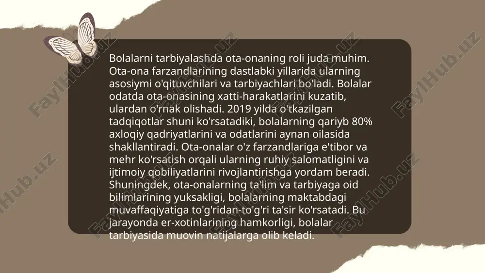a, 12% o‘smirlar ota-onalarning qo‘llanishi bilan mas'uliyatli qarorlar qabul qilishga moyil. shu davr mobaynida, bolalarning 60% ota-onalar tomonidan berilgan vazifalarni muvaffaqiyatli bajarishi kuzatilgan. bu ma'lumotlar mas'uliyatli tarbiya jarayonida ijobiy natijalarga erishishga yordam beradi. ... t.me/slaydai_bot mustaqil fikrlash va qaror qabul qilish qobiliyatini oshirish uchun bir necha muhim omillar mavjud. tadqiqotlar shuni ko'rsatadiki, insonlar 95% hollarda avtomatik qarorlar qabul qiladilar. shuning uchun, mustaqil fikrlashni rivojlantirish uchun ongli qarorlar ulushini oshirish zarur. ko‘proq kitob o‘qish, 40% fikrlash doirasini kengaytiradi. mantiqiy va muammolarni yechishga qaratilgan o‘yinlar oynang, bu miyaning mantiqiy qismini 30% faollashtiradi. mustaqillikni rivojlantirish uchun yangi tajribalar orttirish, masalan, sayohat qilish yoki yangi sevimli mashg‘ulotlarni kashf etish, 20% gacha ijobiy ta'sir ko'rsatadi. har kuni 10 daqiqa meditatsiya qilish stressni kamaytirib, chalg'ish varoq, samarali qarorlar qabul qilish imkonini beradi. ... t.me/slaydai_bot 10. birlashuv va jamoaviylikni targ‘ib qilish 10. birlashuv va jamoaviylikni targ‘ib qilish mavzusida statistik ma’lumotlar quyidagicha. butun dunyo bo‘ylab odamlarning 75 foizi …