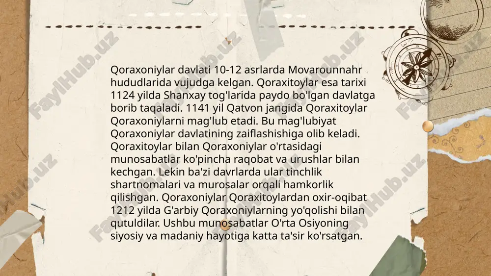 shga intilgan. chingizxon boshchiligidagi mo‘g‘ul qo'shinlari 1211-yilda qoraxitoylar hududiga bostirib kirib, ularga qarshi jang boshladilar. qoraxitoylar o‘zining davlat suverenitetini yo‘qotib, mo'g‘ullar davlatiga tobe bo‘lib qoldi. ushbu aloqa orqali mo'g‘ullar markaziy osiyo va sharqiy turkistonni o‘z ichiga olgan keng hududga ta'sir o‘tkaza boshladilar. bu davrda qoraxitoylar va mo'g'ullar o‘rtasidagi siyosiy munosabatlar mintaqa tarixidagi muhim burilish nuqtasi bo‘ldi. ... t.me/slaydai_bot 10. qoraxitoylar hukmdorlari qoraxitoylar davlati (1124–1218) markaziy osiyo va xitoyning shimoli-g'arbida joylashgan ko'chmanchi davlat edi. ularning hukmdorlari yeluy sulolasidan kelib chiqqan bo'lib, qidan xalqidan edi. eng mashhur hukmdorlardan biri yeluy dashi (g'arbiy liao) edi, u 1143-yilda taxtga chiqib, mamlakatning qudratini oshirdi. qoraxitoy davlati o'z cho'qqisiga 12-asrda yetib, iqtisodiy va harbiy jihatdan kuchli bo'ldi. qoraxitoylar islom dunyosi bilan yaqin aloqalar o'rnatib, ko'plab savdo yo'llarini nazorat qilgan. ularning hukmronligi 1218-yilda chingizxonga tobe bo'lishlari bilan yakun topdi. ... t.me/slaydai_bot qoraxitoylar sulolasi davrida ilm-fan rivoji ancha muhim bosqichga erishdi. ushbu davrda astronomiya va matematika sohalarida sezilarli …