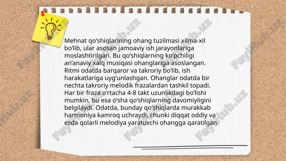 ibda joylashadi. bu moslashuv quyidagicha namoyon bo‘ladi: ritm va ohang yaratuvchi vosita: she’riy misralarda bo‘g‘inlarning bir xil yoki muvozanatli soni ritmik uyg‘unlikni ta’minlaydi. masalan, barmoq tizimidagi 7, 8 yoki 11 bo‘g‘inli she’rlar bir xil ritmda oqadi. mazmun bilan uyg‘unlik: bo‘g‘inlarning joylashuvi va ta’kidlari she’r mazmunini kuchaytiradi. uzun yoki qisqa bo‘g‘inlarning mosligi ma’no va hissiy ohangni ifodalaydi. talaffuzdagi moslashuv: she’r o‘qilganda bo‘g‘inlarning talaffuzi bir xil ohangda chiqishi uchun moslashadi. bu, ayniqsa, aruz tizimida yaqqol namoyon bo‘ladi, chunki unda qisqa va uzun bo‘g‘inlarning muvozanati muhim o‘rin tutadi. ... t.me/slaydai_bot mehnat qo‘shiqlarida ritm va intonatsiya ishlov berish jarayoniga moslashadi, bu esa jismoniy harakatlarni yengillashtiradi. ushbu qo‘shiqlar odatda oddiy, bir maromli ritmga ega bo‘lib, mehnat jarayoni bilan bir xilda ketadi. masalan, dehqonchilik yoki to‘qimachilikda ritmik naqshlar yaratiladi va ular ishchilarni bir vaqtda harakat qilishga undaydi. intonatsiya esa qo'shiqning kayfiyatini belgilaydi va ruhlantiruvchi vazifasini bajaradi. o‘zbekiston hududida an’anaviy mehnat qo‘shiqlarining turlari juda ko‘p bo‘lib, har …