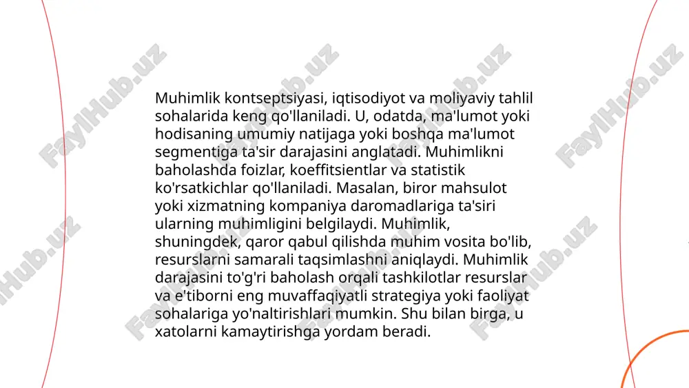 jtimoiy izlanishlar orqali amalga oshiriladi. kvantitativ tahlil sonli ko'rsatkichlar bilan muhimlikni aniqlashga yordam bersa, sifat tahlili chuqur tahlil va kontekstual ma'lumotlarni aniqlashga xizmat qiladi. har ikki metod o'zaro muvofiqlikda qo'llanilganda samarali natijalar bera oladi." ... t.me/slaydai_bot hisob-kitoblar muhimligida hatoliklar va tuzatishlar mavzusida aniq va ishonchli ma'lumot taqdim etish biznes va moliya sohalarida juda muhimdir. 5% dan 10% gacha hatoliklar korxona foydasiga sezilarli ta'sir ko'rsatishi mumkin. to'g'ri hisob-kitoblar kompaniyaning moliyaviy holatini 70% yaxshilaydi. tuzatishlar uchun muhim qadam, hisobotlarni muntazam ravishda tekshirish va 100% aniqlik bilan xato joylarini tuzatishdir. yillik audit hisobotlari 20% ga xatoliklarni kamaytirishga yordam beradi, bu esa ishonchlilikni oshiradi. har oyda hisob qaydlarini yangilab borish bilan mumkin bo'lgan xatolar sonini 50% ga qisqartirish mumkin. hisob-kitoblar texnologiyasi va sun'iy intellekt yordamida 30% aniqroq natijalarga olib keladi. ... t.me/slaydai_bot 10. muhimlik darajasiga ta’sir qiluvchi omillar muhimlik darajasiga ta’sir qiluvchi omillar bir nechta bo'lishi mumkin. ishonchlilik va dolzarblik darajasi yuqori bo'lgan manbalardan …