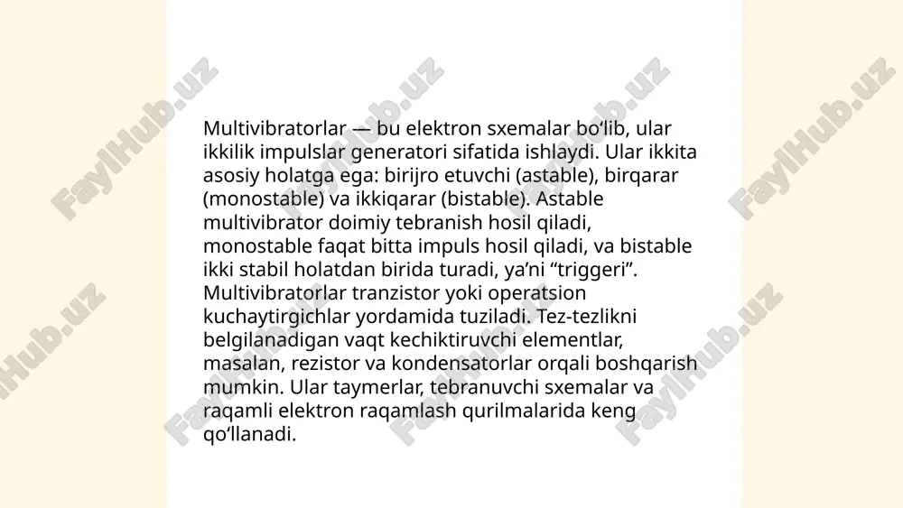 , chiqish impulslarining chastotasi va davriyligini aniqlaydi. elektronika tahlilida kuchlanish va tokning vaqt bo'yicha o'zgarishi va qiymatlari diod va tranzistorlar o'rnida hisob-kitob qilinadi. ... t.me/slaydai_bot multivibratorlar turli xil elektron ilovalarda qo'llaniladi. ular asosan impuls generatorlari, taymerlar va signallarni shakllantirish qurilmalari sifatida ishlatiladi. bitta barqaror holatga ega bo'lgan monostable multivibratorlar taymer va puls kengligini modulyatsiya qilish ilovalarida foydalidir. bistable multivibratorlar esa raqamli elektronika sohasida oʻtish va toʻlqin shaklini yaratishda, shuningdek, ma'lumotlarni saqlashda ishlatiladi. astable multivibratorlar esa uzluksiz impuls generatorlar sifatida quloqchinlar yoki ovozli signal tizimlarida keng qo'llaniladi. shu tariqa multivibratorlar turli elektron davrlar va tizimlar orasida samarali sinxronizatsiya va vaqtni boshqarish imkoniyatlarini ta'minlaydi. ... t.me/slaydai_bot 10. rc multivibratorlar rc multivibratorlar osilator sifatida foydalaniladigan elektron davrlardir, ular resistor (r) va kondensator (c) komponentlaridan iborat. ushbu davrlar simmetrik yoki asimmetrik ko'rinishda qo'llanilishi mumkin. har bir bosqichda rc komponentlari yordamida vaqt sta'viy hajmi belgilanadi. ko'pincha impuls generatorlari sifatida ishlatiladi. ish chastotasi rc komponentlarining qiymatlariga …