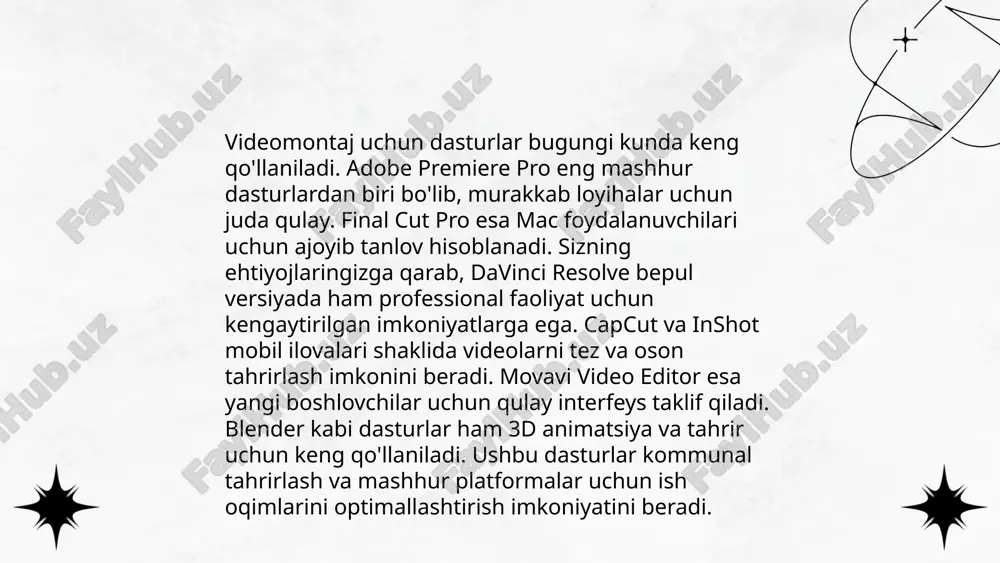 t.me/slaydai_bot veb-dizayn dasturlari saytlarni yaratish va loyihalash uchun mo‘ljallangan vositalardir. adobe xd, figma, va sketch eng mashhur dasturlardan biri hisoblanadi. adobe xd dizayn va prototip yaratishda tezkorligi bilan ajralib turadi. figma bulutga asoslangan va jamoaviy ishlash imkoniyatini taqdim etadi, foydalanuvchilar soni 4 milliondan oshgan. sketch esa mac foydalanuvchilari orasida ommabop bo‘lib, ko‘plab plug-inlari mavjud. canva kabi vositalar esa sodda loyihalar uchun qulaydir. ushbu dasturlar 2023-yilda 12% o‘sish kutilayotgan veb-dizayn sohasida muhim rol o‘ynaydi. ... t.me/slaydai_bot 10. grafik dizayn dasturlari grafik dizayn dasturlari grafik ishlanmalarga oid turli uskunalar va vositalarni o'z ichiga oladi. adobe photoshop va illustrator eng mashhur dasturlar bo'lib, ko'pincha professional dizaynerlar tomonidan ishlatiladi. coreldraw vektor grafikasi bilan ishlash uchun mo'ljallangan. indesign esa matbaa va chop etish uchun mo'ljallangan dizaynlarni yaratishga yordam beradi. sketch va figma esa, ux/ui dizayn uchun keng qo'llaniladi. inkscape va gimp bepul dasturlar bo'lib, cheklangan byudjetga ega foydalanuvchilar uchun mosdir. blender esa uch o'lchamli modellash …