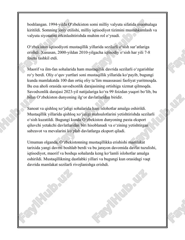 ga koʻra, 500 ta loyiha amalga oshirilishi rejalashtirilgan. 2020-yilda jami 11 trillion soʻmlik 200 dan oshiq loyiha amalga oshirildi. ta’lim sohasida ham davlat tomonidan 2020-yilda ta’limga ajratilgan mablagʻ 3,6 trillion soʻmni tashkil etgan. shuningdek, sog‘liqni saqlash tizimini moliyalashtirishga ajratilgan mablag‘lar 2021-yilda 17% ga orttirildi. yuqoridagi raqamlar o‘zbekistonda amalga oshirilayotgan ijtimoiy-iqtisodiy islohotlarning bir qismidir. bu islohotlar iqtisodiyotni barqarorlashtirish, aholining turmush darajasini yaxshilash, zamonaviy texnologiyalarni tatbiq qilish va xalqaro iqtisodiy tizimiga integratsiyalashuv jarayonlariga katta hissa qo‘shmoqda. 3. oʻzbekistonning siyosiy partiyalari oʻzbekiston respublikasining siyosiy hayoti koʻp partiyali tizim asosida tashkil etilgan. hozirgi kunda, mamlakatda bir nechta muhim siyosiy partiya faoliyat yuritmoqda. ushbu partiyalar oʻz dasturlari va maqsadlariga koʻra mamlakatning siyosiy, iqtisodiy va ijtimoiy rivojlanishiga hissa qoʻshmoqda. quyida oʻzbekistondagi asosiy siyosiy partiyalar xaqida maʼlumot berilgan: 1. **oʻzbekiston liberal-demokratik partiyasi (oʻzlidep)**: - tashkil etilgan sana: 2003-yil. - asosiy maqsadlar: iqtisodiy islohotlarni qoʻllab-quvvatlash, tadbirkorlikni rivojlantirish, xalqaro hamkorlikni mustahkamlash. - vakillar palatasidagi oʻrinlar (soʻnggi saylov natijalari boʻyicha): …