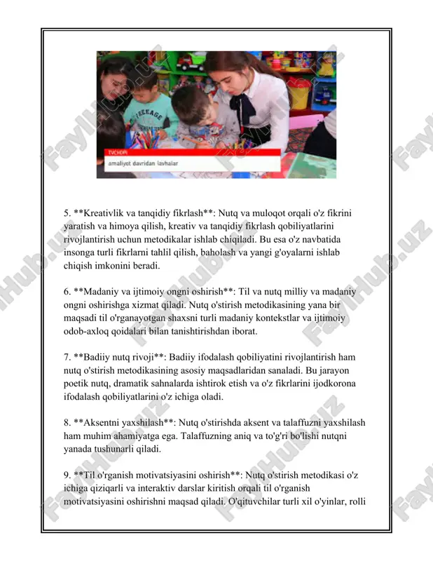 anuvchilari turli madaniyatlarning kommunikatsiya shakllarini o‘rganadilar, bu esa ularning boshqa xalqlar bilan samarali muloqot qila olishlariga yordam beradi. bunda, til o‘qitish metodika o‘qitishda nafaqat lingvistik, balki madaniy elementlar ham kiritiladi. 6. **jamoat oldida so‘zlash ko‘nikmalarini shakllantirish**: jamoat oldida so‘zlash nutq o‘stirishdagi muhim qadamdir, va bu o‘rganuvchiga o‘z fikrlarini omma oldida aniq va ta'sirchan ifoda qilish imkonini beradi. seminarlar, tadbirlar va prezentatsiyalar bunday ko‘nikmalarni rivojlantirishda foydali bo‘ladi. yuqoridagi barcha vazifalar birgalikda nutqqa bo'lgan talablaringizni to'laqonli va samarali qondiradigan nutq o'stirish jarayonini tashkil etadi. hozirgi davrda til o‘rganish jarayonlarida texnologiya va yangi metodlardan foydalanish bu jarayonlarni yanada qulay va samarali qiladi. nutq o‘stirishda zamonaviy dasturlar va platformalar til o‘rganishni interaktiv va qiziqarli qiladi. [image: c:\users\user\desktop\bez nazvaniya.jfif] 3. yozma nutq o'stirish usullari yozma nutq o'stirishning usullari haqida ma'lumot: 1. **o'qish miqdorini oshirish**: yozma nutqni rivojlantirish uchun o'qish juda muhimdir. kitoblar, maqolalar, jurnallar va turli mavzulardagi bloglarni muntazam ravishda o'qish, yangi so'zlar va iboralarni …