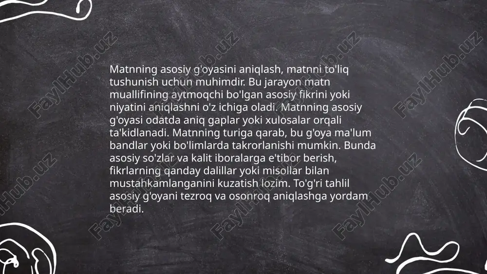 o'nikma bolalarda tasavvur qilish qobiliyatini rivojlantirib, ularni matnning konteksti va mazmunini chuqurroq tushunishga yordam beradi. bu jarayonda o'quvchilar katta diqqat e'tibor bilan o'qib, muhim detallarni ajratib olishadi, asosiy g'oyalarni aniqlashadi va qahramonlar bilan bog'liq voqealarni tasvirlaydilar. ushbu ko'nikmani erta yoshdan rivojlantirish tavsiya etiladi, chunki u bolalarning kelajakdagi bilim olish jarayonida muhim ahamiyatga ega. ... t.me/slaydai_bot 10. matnda qo'llanilgan badiiy vositalarni aniqlash 10. matnda qo'llanilgan badiiy vositalarni aniqlash mavzusida asosan adabiyot asarlari tahliliga e'tibor beriladi. badiiy vositalar – bu yozuvchi yoki shoirning tilga kiritgan maxsus usullari bo‘lib, asarning ta'sirchanligini oshiradi. ularga metafora (o‘xshatish), tashbeh, personifikatsiya (jonlantirish), epitet (aniq tavsiflovchi so‘z), aliteratsiya (undoshlarning takrori), assonans (unlilarning takrori), ironya, sarkazm kabi vositalar kiradi. bu vositalar yozuvchining fikrini aniqlash va qimmatini oshirishda muhimdir. matnda ular qanday ishlatilganini aniqlash asar mazmuni va stilistik xususiyatlarni to‘g‘ri tushunishga yordam beradi. ... t.me/slaydai_bot "11. matn asosida mustaqil fikr bildirish" mavzusi haqida asosiy ma'lumotlar quyidagilar: mustaqil fikr bildirish ko‘nikmasi …
