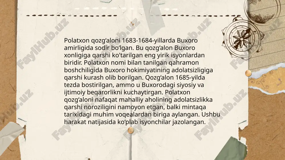iga nisbatan adolatsiz siyosati, xususan, jismoniy mehnatga majburlash edi. qo‘zg‘alon natijasida minglab mahalliy aholi, jumladan, bosqinchilarning jabrdiydalari soni ortdi. qo‘zg‘alonchilar orasida polatxon nomi bilan tanilgan erkak rahbar sifatida faoliyat olib bordi. arxiv hujjatlariga ko‘ra, qo‘zg‘alon davomida qator liderlar qo‘lga olinib, qattiq jazolangan. ... t.me/slaydai_bot 10. polatxon qozg‘aloni davrida madaniy o‘zgarishlar polatxon qozg‘aloni davrida (1916-1917 yillar) turkistonda ko‘plab madaniy o‘zgarishlar sodir bo‘ldi. ushbu davrda turkiston o‘lkasida yozuv islohotlari muhokama qilina boshlandi. jumladan, jadidlar yangi usul maktablarini kengaytirishga intildilar. 1917 yil mart oyida toshkentda birinchi bor "sho‘ro" jurnali nashr etila boshladi. ayni paytda, turkiston o‘lkasida madaniy-ma’rifiy jamiyatlar soni oshdi, ulardan biri "turon" madaniyati va adabiyoti jamiyati bo‘lib, u 1917 yilda tashkil etilgan. ushbu jamiyatlar milliy ongni uyg‘otishga hissa qo‘shdi. polatxon qozg‘aloni yillari bo‘ylab madaniyat sohasida milliy ong, savodxonlik va o‘zlikni anglash jarayoni jadallashdi. ... t.me/slaydai_bot polatxon qozg‘alonining xalq og‘zidagi afsonalari o‘zbekiston tarixida muhim o‘rin tutadi. 1683-1684-yillarda bo‘lib o‘tgan bu qozg‘alon toshkent va …