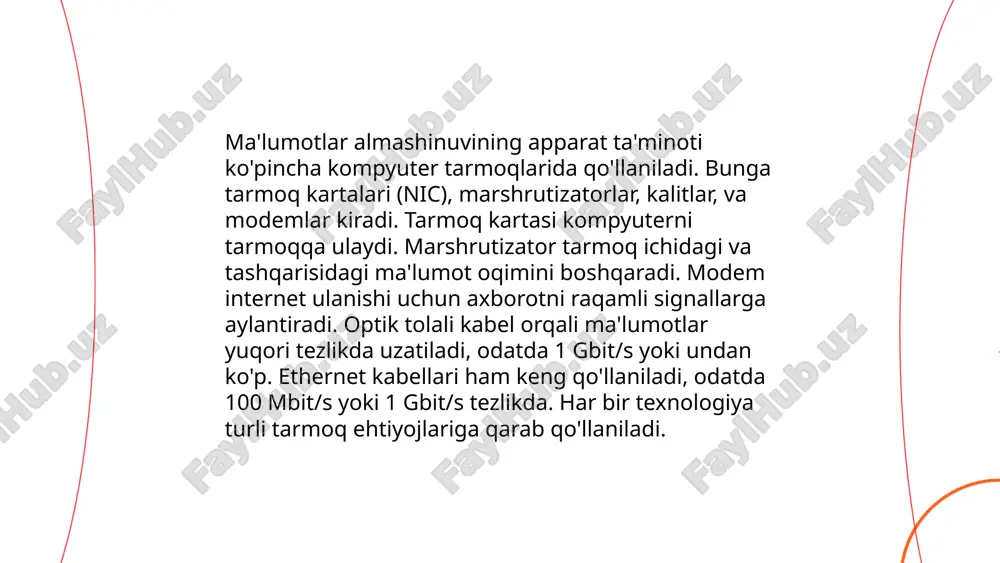 obal darajada ishlaydi. tarmoq topologiyalari orasida yulduzcha, halqa, va avtobus eng keng tarqalganlaridan. har bir arxitektura va topologiya o'zining afzallik va kamchiliklariga ega. ... t.me/slaydai_bot tarmoq topologiyalari kompyuter tarmoqlarining fizik yoki mantiqiy tuzilishini ifodalaydi. eng keng tarqalgan topologiyalar quyidagilardir: "yulduz" topologiyasi, bitta markaziy tugunga barcha boshqa tugunlar ulanishi bilan tavsiflanadi; "halqa" topologiyasi, bu yerda har bir tugun ikkita qo'shni tugun bilan ulangan; "avtobus" topologiyasi, barcha tugunlar bitta asosiy kabelga ulangandir; va "to'liq ulanish" topologiyasi, har bir tugun barcha boshqa tugunlar bilan bevosita ulangan. bu topologiyalar foydalanish maqsadi va talablariga ko'ra tanlanadi. yulduz topologiyasi keng qo'llaniladi, chunki u boshqarish va nosozliklarni tashxislashda qulaylik yaratadi, lekin bitta markaziy tugun ishdan chiqsa, butun tarmoq to'xtab qolishi mumkin. malumotlarni almashish jarayonlarining xarakteristikasi, ma‟lumotlar almashinuvining apparat ta‟minoti. tarmoq hizmatlari. tarmoq texnologiyasi: tarmoq texnologiyasi haqida tushuncha, ko„prik va shlyuzlar. kompyuter tarmog„ining arxitekturasi, tarmoq topologiyalari, tarmoq tizimining modeli, ma‟lumotlarin uzatish bayonnomalari, ip, tcp va udp bayonnomalari karimova …