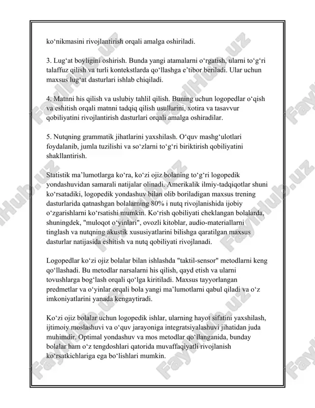 olalarni nutq rivojlanishida muhim yordam beradi. maxsus materiallar va o‘quv dasturlar ko‘zi ojiz bolalarni madaniy va ijtimoiy integratsiyaga muvaffaqiyatli kirishiga yordam beradi. 6. **statistik ma'lumotlar**: ko‘zi ojiz bolalar orasida nutqning kechikishi bilan bog‘liq muammolar taxminan 60 foizgacha kuzatilishi mumkin. shu bilan birga, mutaxassislar qo‘llab-quvvatlaganda, bu bolalarda nutq rivojlanishining normativ ko‘rsatkichlariga yetkazish imkoni mavjud. 7. **ko‘zi ojiz bolalarda audiovizual axborotning yetishmasligi**: ko‘rish imkoniyatidan mahrum bo‘lgan bolalar uchun atrof-muhitdan keladigan audiovizual axborotni qayta ishlash va tushunishda muammolar uchrashi mumkin. bu esa ularda tushunish va kommunikatsiyaga salbiy ta'sir qiladi. ushbu omillar ko‘zi ojiz bolalarning nutq rivojlanishiga qanday ta’sir qilayotganini tushunishda yordam beradi. nutq rivojlanishidagi bu farqlarni yengib o‘tish uchun ko‘zi ojiz bolalar bilan ishlaydigan pedagoglar, logopedlar va boshqa mutaxassislar birgalikda ishlashlari kerak. nutq terapiyalari va turli xil maxsus mashg‘ulotlar orqali ular bolalarning nutq imkoniyatlarini kengaytirishi va mustahkamlaydi. nutq rivojlantiruvchi o‘yinlar, musiqalar va audiokitoblar kabi turli resurslar foydalanilishi mumkin. shuningdek, ko‘zi ojiz bolalar uchun …