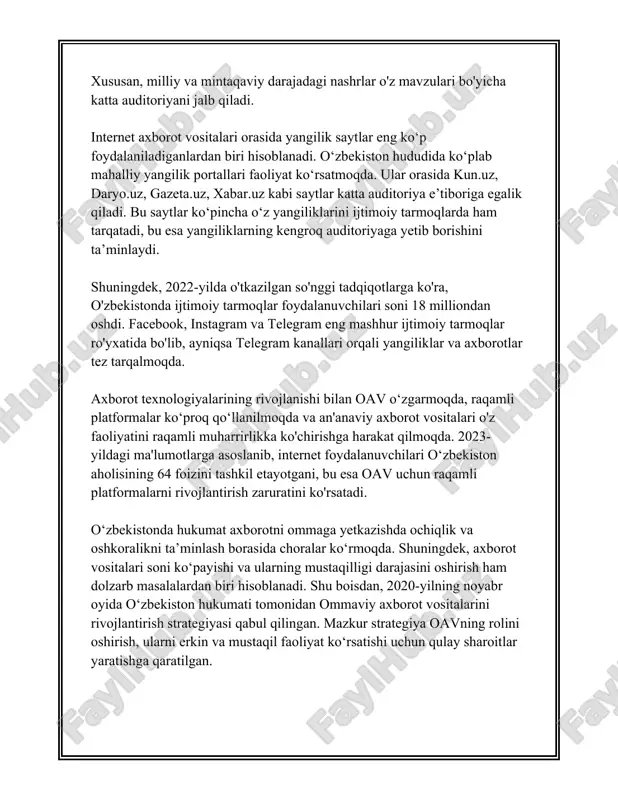 xizmati va axborot texnologiyalari va kommunikatsiyalarini rivojlantirish vazirligi oav faoliyatini nazorat va muvofiqlashtirish vazifasini bajaradi. shu bilan bir qatorda, oav bo'yicha davlat inspeksiyasi va axborot va ommaviy kommunikatsiyalar agentligi kabi muassasalar ham sohada faoliyat yuritadi. sohaga oid statistik ma'lumotlarga kelsak, 2022-yil holatiga ko'ra o'zbekiston respublikasida ro'yxatga olingan oavlarning soni 1800dan ortiq tashkilotlarni tashkil etdi. bundan ortiqcha qismini bosma nashrlar, qo'gan qismini esa elektron oav va internet nashrlar tashkil qiladi. axborot maydonining global o'zgarishlari va raqamlashtirish bosqichining rivojlanishi sharoitida o'zbekiston hukumati oav huquqiy me'yorlarini doimiy ravishda yangilash, ularni xalqaro standartlar va amaliyotlarga moslashtirish ustida ish olib boradi. shu bilan birga, axborot olish va tarqatish erkinligi borasida sa'y-harakatlarni yanada faollashtirish zarurligi ham kun tartibidagi muhim masalalardan biridir. shu nuqtai nazardan, o'zbekiston hukumati xalqaro hamkorlik doirasida bir necha global va mintaqaviy tashkilotlar bilan o'zaro tajriba almashish va huquqiy me'yorlarni takomillashtirish bo'yicha ishlamoqda. hozirda axborot texnologiyalari va internet orqali axborot tarqatishning oshishi oavga yuqori …