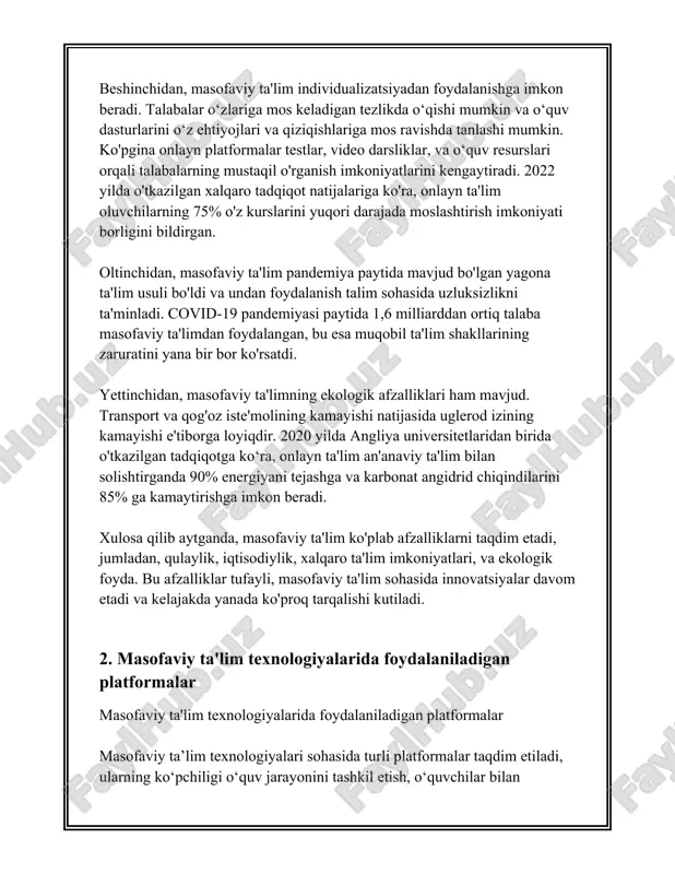 o**: edmodo o‘qituvchilar, talabalar va ota-onalarga onlayn tarzda muloqot qilish imkoniyatini beradi. platforma mustahkam xavfsizlik choralariga ega bo‘lib, turli vazifalar va testlar tashkil etishga imkon beradi. 2018-yilda edmodo 86 milliondan ortiq foydalanuvchilar bilan kengashgan edi. 7. **blackboard**: blackboard masofaviy ta'lim platformasi akademik resurslarni baham ko‘rish uchun keng qo‘llaniladi. dunyo bo‘ylab rasmiy ta’lim tizimlarida blackboard ko‘plab universitetlar va maktablar tomonidan ishlatiladi va bir milliondan ortiq muassasa foydalanuvchisi bor. 8. **khan academy**: khan academy ta'lim islohotiga hissa qo‘shuvchi bepul onlayn platforma bo‘lib, o‘zini-o‘zi o‘rganish va myloniy olishni qo‘llab-quvvatlaydi. uning ma’lumotlari jumladan, 2020-yilda pandemiya davrida 20 milliondan ortiq o‘quvchi xizmatlardan foydalangan. 9. **udemy**: udemy turli sohalarda onlayn kurslar taklif etuvchi platforma bo‘lib, jahon bo‘ylab 40 milliondan ziyod talabalarga xizmat ko‘rsatadi. har bir kurs professional ko‘rsatmalar va resurslar bilan ta’minlanadi. yuqorida sanab o‘tilgan platformalar masofaviy ta’limni yanada samara va qulay qilib tashkil etish uchun talabalarga, o‘qituvchilarga va ta’lim muassasalariga katta yordam beradi. ushbu texnologiyalar, …