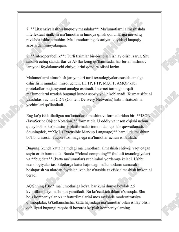 ga oshiriladi. nas (network attached storage) va san (storage area network) texnologiyalari keng qo‘llaniladi. 4. **tarmoqli interfeys kartalari (network interface cards, nics)**: bu apparat ta'minoti kompyuterlarni tarmoqqa ulash imkoniyatini beradi. gigabit ethernet va 10 gigabit ethernet kartalari eng keng tarqalgan tarmoq kartalaridir. 5. **firewall va xavfsizlik qurilmalari**: ma'lumotlar almashinuvi jarayonida xavfsizlik juda muhim omil hisoblanadi. xavfsizlik devorlari (firewall), intrusion detection systems (ids), va intrusion prevention systems (ips) kabi qurilmalar tarmoq xavfsizligini ta'minlashda qo'llaniladi. 6. **kablolash va simsiz texnologiyalar**: kablolash apparat ta'minoti, masalan, optik tolali kabellar va mis kabellar sifatida ko'rinadi. bundan tashqari, simsiz texnologiyalar – wi-fi, bluetooth, va zigbee kabi – ma'lumotlar almashinuvi uchun keng qo'llaniladi. 7. **bulut infratuzilmalari**: bulut xizmatlari va bulut saqlash texnologiyalari hozirgi kunda katta ahamiyat kasb etmoqda. amazon web services (aws), microsoft azure, va google cloud platform (gcp) asosiy bulut provayderlari hisoblanadi. 8. **qo'shimcha apparatlar**: tarmoq yuk ko'taruvchilar (load balancer), tashqi ma’lumotlar saqlash qurilmalari (external storage …