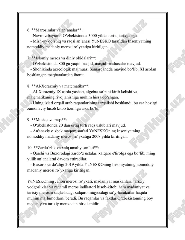 uchun ko’plab ziyoratgohlar, muzeylar va tarixiy ob’ektlar mavjud bo’lib, ularda saqlanayotgan eksponatlar milliy boylik sifatida himoyaga olingan. nomoddiy madaniy meros esa turli festivallar, ko’rgazmalar, konsertlar va ilmiy anjumanlar orqali targ’ib etiladi. moddiy va nomoddiy madaniy merosni himoya qilish va avlodlarga yetkazish insoniyatning umumjahon vazifalari sirasiga kiradi. bu borada xalqaro va milliy darajada ko’plab qonunchilik aktlari va dasturlar ishlab chiqilgan hamda hayotga tatbiq etilmoqda. unesconing faoliyati bu sohada muhim o’rin tutib, moddiy va nomoddiy madaniy merosni xalqaro miqyosda tan olinishiga va asrab-avaylashiga xizmat qiladi. 3. o'zbekistonda tarixiy yodgorliklar o‘zbekistonda tarixiy yodgorliklar boy meros sifatida ajralib turadi. ushbu meros turli davrlarni o‘zida aks ettirgan zamonaviy va qadimiy inshootlar, arxeologik joylar hamda madaniy obyektlarni o‘z ichiga oladi. quyida o‘zbekistondagi muhim tarixiy yodgorliklardan ba’zilari haqida ma’lumotlar keltirilgan. 1. **samarqand**: - samarqand shahri mil. avvalgi 8-asrdan boshlab muhim savdo va madaniy markazlardan biri bo'lib kelgan. shaharning eng mashhur yodgorliklaridan biri registon maydoni bo'lib, u uchta …