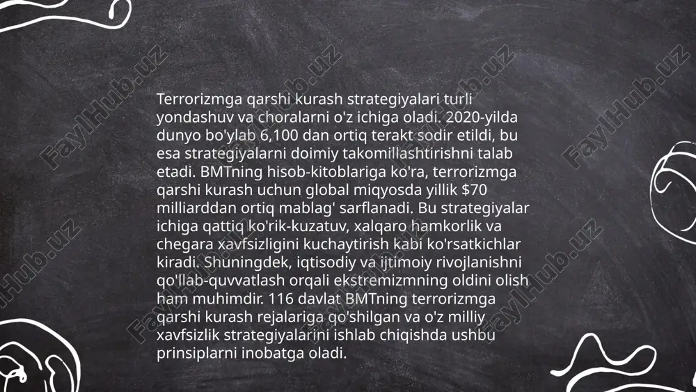 5 ming politsiya xodimi ishga qabul qilindi. 2022-yilda avtomatlashtirilgan xavfsizlik tizimlari joriy etilgan hudud soni 25% ga ko'paytirildi. 2023-yilgacha jamoat transportida xavfsizlikni ta'minlash uchun 200 ta zamonaviy detektorlar o'rnatildi. ushbu chora-tadbirlar jamoat tartibini saqlash va fuqarolarning xavfsizligini oshirish uchun amalga oshirildi. ... t.me/slaydai_bot mudofaa sanoatini rivojlantirish mamlakat mudofaa qobiliyatini oshirish uchun muhimdir. o'zbekistonda mudofaa sanoatini rivojlantirishga katta e'tibor qaratilgan bo'lib, 2022-yilda mudofaa budjeti 5 trillion so'mdan oshdi. shu jumladan, texnologik yangiliklar va milliy xavfsizlikni ta'minlash uchun ko'plab loyihalar amalga oshirildi. raqamli texnologiyalarni joriy etish va mahalliy ishlab chiqarishni rivojlantirish maqsadida yaqin yillarda qo'shimcha mablag' ajratilishi rejalashtirilgan. shu bilan birga, harbiy-texnikaviy hamkorlik doirasida dunyoning yetakchi davlatlari bilan sheriklik aloqalari kuchaytirilib, zamonaviy texnika va texnologiyalar bilan ta'minlash ishlari davom etmoqda. ... t.me/slaydai_bot 10. axborot xavfsizligini kuchaytirish axborot xavfsizligini kuchaytirish bugungi kunda dolzarb masala hisoblanadi. dunyoda har yili kiberhujumlar soni oshib bormoqda. masalan, 2022-yilda global miqyosda 4 milliarddan ortiq ma'lumotlar bazasi buzilgan. kompaniyalar …