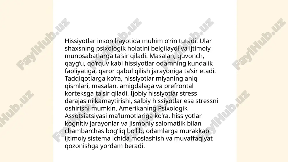 da sodir bo‘ladigan murakkab jarayonlarni o‘z ichiga oladi. bunda asosan neyrotransmitterlar, masalan, dopamin, serotonin, va norepinefrin kabi kimyoviy moddalar ishtirok etadi. dopamin zavq va motivatsiya bilan bog‘liq bo‘lib, serotoninning past darajalari depressiya va xavotirni kuchaytirishi mumkin. endorfinlar esa og‘riqni kamaytiradi va baxt hissini oshiradi. oksitotsin esa ishonch va mehr-oqibat hissiyotlariga ta’sir qiladi. bu kimyoviy moddalar organizmda turli jarayonlarni boshqaradi va muvozanatda bo‘lishi muhim. yetishmovchiligi yoki ortiqchaligi turli ruhiy kasalliklarga olib kelishi mumkin. ... t.me/slaydai_bot 10. hissiyotlar va stress hissiyotlar va stress o'rtasidagi bog'liqlik inson psixologik va jismoniy holatiga sezilarli ta'sir ko'rsatadi. stress, ko'pincha salbiy hissiyotlar bilan birga bo'lib, kortizol darajasining oshishi kabi biologik o'zgarishlarni keltirib chiqarishi mumkin. dsm-5 ma'lumotlariga ko'ra, 70% odamlar hayotlari davomida stress bilan bog'liq muammolarni boshdan kechirishadi. tadqiqotlar shuni ko'rsatadiki, yuqori stress darajalari depressiya va xavotirga olib kelishi mumkin. o'zbekistonda o'tkazilgan so'rovnomalar natijalari kelajakda stress bilan bog'liq holatlar kamayishini, lekin hozirgi paytda aholi 40% stressdan aziyat chekayotganini …