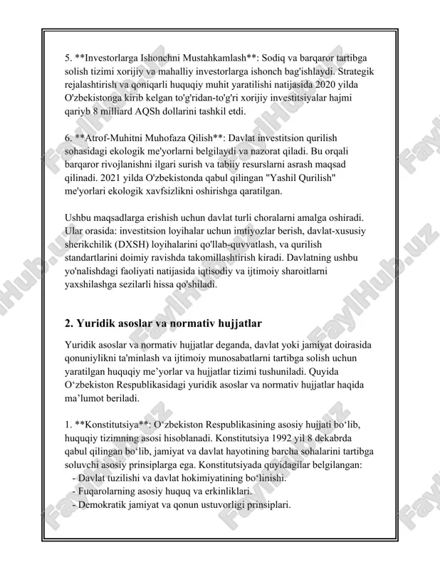normativ hujjatlar hamda yuridik asoslar xalqaro standartlarga moslashtirilgan va rivojlanish jarayonida xalqaro tajribadan faol foydalaniladi. davlat organlari tomonidan yil davomida qabul qilinadigan normativ-huquqiy hujjatlar qo‘shimchalar va o‘zgartishlar bilan rivojlantiriladi. yuqorida keltirilgan yuridik asoslar va normativ hujjatlar tizimi mamlakatda huquq ustuvorligini ta’minlashga, qonuniylikni jamiyat va davlatning barcha sohalarida mustahkamlashga xizmat qiladi. shu boisdan, bu sistema doimiy ravishda takomillashib boradi. 3. qurilish investitsiyalarini rejalashtirish albatta, qurilish investitsiyalari rejalashtirish mavzusi bo‘yicha quyidagi ma'lumotlarni taqdim etaman: qurilish investitsiyalari rejalashtirish—qurilish sohasidagi loyihalar amalga oshirish uchun sarmoya ajratish va sarfini muvofiqlashtiruvchi jarayon hisoblanadi. bu jarayon ishlab chiqarishning samaradorligini oshirish va qurilish loyihalarining iqtisodiy jihatdan oqilona va vaqtida yakunlanishini ta'minlash uchun juda muhimdir. o'zbekiston respublikasi statistika qo‘mitasining 2022 yilgi ma'lumotlariga ko'ra, qurilish sohasiga yo'naltirilgan investitsiyalar hajmi 81,5 trillion so'mni tashkil etgan. ushbu investitsiyalar tarkibida ijtimoiy infratuzilma, sanoat obyektlari, transport va aloqa tarmoqlari hamda turar-joy va noturar-joy binolarini qurish va modernizatsiya qilish ishlari mavjud. 1. qurilish investitsiyalarining turlari: …