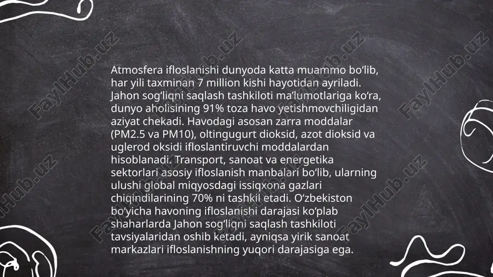 o'ylab yovvoyi tabiat yashash joylarining 80% yo'qolmoqda. 1990 yildan 2020 yilgacha 420 million gektar o'rmon yo'q qilindi. deforestatsiya global issiqxona gazlari chiqindilarining 10-15 foiziga sabab bo'ladi. butun dunyo bo'ylab har yili 1,5 million turdagi biologik xilma-xillik xavf ostida qolmoqda. mato grosso, braziliyada deforestatsiya darajasi 2019 yilda 24% ga oshdi. deforestatsiya jarayoni har yili millionlab insonlarga salbiy ta'sir qiladi va iqlim o'zgarishiga ulkan hissa qo'shadi. ... t.me/slaydai_bot 10. yer osti suvlarining kamayishi yer osti suvlarining kamayishi muammosi oʻzbekistonda jiddiy ahamiyat kasb etmoqda. mamlakatda yer osti suvlaridan foydalanish 60 foizga oshgan. 2010-yildan 2020-yilgacha yer osti suvlari sathi yiliga 1-2 metrga tushdi. orol dengizi havzasida yer osti suvlarining kamayishi sababli ekologik xavf kuchaymoqda. yer osti suvlarining kamayishi qishloq xoʻjalik suv ta'minotiga salbiy ta'sir qilmoqda, bu esa oʻsimliklar va hayvonlarning ozuqa manbalarini cheklaydi. oʻzbekistonning ayrim hududlarida suv tanqisligi 20 foizga oshishi kutilmoqda. atmosfera haroratining oʻrtacha yillik koʻtarilishi 0.5 daraja bilan yer osti suvlariga ta'sir …