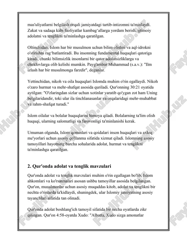 iklash kishi ma'qul sayitlardan biri ekanligini anglatadi. islom huquqlari ko'pincha ushbu tamoyillarni asosy qiladi va qur'onda adolat va tenglikning ko'plab qoidalari mustahkamlangan. bundan tashqari, qur'on ayollarning huquqlari, er va xotin orasidagi muvozanatga oid ko'rsatmalari (masalan, 4:1-oyat) va shuningdek, iqtisodiy masalalarda adolat va tenglikka (masalan, meros huquqlari bo'yicha qur'on 4:7-12) e'tibor qaratish orqali har bir a'zoning ahamiyatini tushuntiradi. qur'onning ushbu ko'rsatmalari musulmonlar hayotida asosiy rol o'ynaydi va ularni jamiyatdagi barcha a'zolar uchun adolat va tenglikka urg'u berishga undaydi. qur'on so'zlari har qanday davrda va har qanday jamiyatda adolat va tenglikni ta'minlash uchun foydalaniladigan asosiy qo'llanma bo'lib kelgan. 3. hadislarda inson huquqlari himoyasi 3. hadislarda inson huquqlari himoyasi mavzusi islom dinida inson huquqlariga katta ahamiyat qaratilganiga dalolat qiladi. hadislar, ya'ni payg'ambarimiz muhammad sallallohu alayhi vasallamning so'zlari va amallari, islomda qonunlar va axloqiy me'yorlar asosidan biridir. ushbu hadislar musulmonlarning hayotiy yo'liyotishda yanglishmasligi va haqli huquqlarini himoya qilishda yordam beradi. hadislarda inson huquqlari himoyasi …