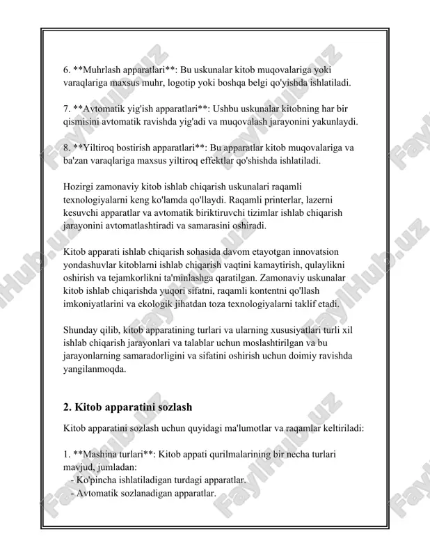 komponentlar - motorlar, uzatmalar (gears), va mexanik aktuatorlar (chiziqli qo'l tizimlari). mexanik komponentlar yillar davomida aşınma va yıpranma tufayli ta'mirlashga muhtoj bo'lishi mumkin. misol uchun, kitob apparatlaridagi mexanik uzatmalar taxminan 5000 soat uzoq faoliyatdan so'ng maxsus moylash yoki almashtirish talab qiladi. agar kitob apparati kundalik 8 soat ishlatilsa, har 625 foydalanish kuni (taxminan 2 yil) uzatma qismlari detal tekshiruvidan o'tkazilishi kerak. 2. **elektronika qismlari:** kitob apparatlarida elektronika komponentlari, masalan, sensorlar, mikrokontrollerlar va bosish motorlarini nazorat qiluvchi elektron kartalar ishlatiladi. elektron komponentlar ta'miri odatda diagnostika talab etuvchi murakkab ish bo'lib, maxsus asbob-uskunalar zarur bo'ladi. ichki elektr zanjirlarining doimiy ishidagi muvaffaqiyatsizliklar apparatning o'rtacha foizida kuzatiladi; foydalanish vaqtida har 2000 soatda sensorlar va elektron zanjirlar sinovdan o'tkazilishi lozim. bu sinovlar ishning sifatini ta'minlashga yordam beradi va aniqlangan muammolarni vaqtidan oldin bartaraf etishga imkon yaratadi. 3. **dasturiy ta'minot:** kitob apparatlari zamonaviy dasturiy ta'minot yordamida nazorat qilinadi, bu esa turli xil operatsion sistemalar va dasturlanish …