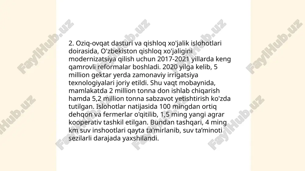 ishchi kuchining 78% ini ish bilan taʼminladi. auyl tadbirkorligini rivojlantirish dasturi orqali 5000 dan ortiq loyiha moliyalashtirildi. ... t.me/slaydai_bot bank-moliya tizimining modernizatsiyasi, asosan raqamli texnologiyalarni joriy etish va moliyaviy xizmatlarni optimallashtirish bilan bog‘liq. 2022 yilda o‘zbekistonda banklarning raqamli transformatsiyasi natijasida mobil banking foydalanuvchilari soni 12 millionga yetdi. shu bilan birga, internet orqali amalga oshirilgan bank operatsiyalari hajmi 2019 yilga nisbatan 65 foizga o‘sdi. 2023 yilga kelib, o‘zbekiston markaziy banki tomonidan 30 dan ortiq litsenziyalangan to‘lov xizmatlari taqdim etilmoqda. modernizatsiya jarayonida blockchain texnologiyalari va sun’iy intellekt tizimlari moliyaviy jarayonlar samaradorligini oshirish maqsadida keng joriy qilinmoqda. 2025 yilga kelib, raqamli to‘lovlar ulushi 50 foizga ko‘tarilishi kutilmoqda. ... t.me/slaydai_bot 10. transport va kommunikatsiya infratuzilmasini rivojlantirish transport va kommunikatsiya infratuzilmasini rivojlantirishda avtomobil yo‘llari uzunligi 2023-yilda 200 ming kilometrga yetgan. temir yo‘l tarmog‘ining uzunligi 7 ming kilometrni tashkil etadi. havo transportida yo‘lovchi tashish imkoniyati yiliga 35 million kishiga yetdi. telekommunikatsiya sohasida 5g texnologiyasi joriy etilib, …