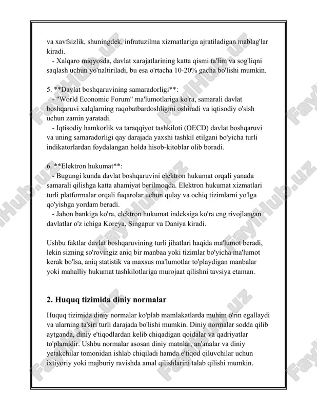 rishlari kerak, bu esa muvozanatni saqlashga harakat qiladi. jahon banki statistikalariga ko'ra, dunyoda musulmon aholi soni taxminan 1,9 milliard kishini tashkil etadi va bu global aholi sonining qariyb 24,9 foiziga tengdir. xristianlar 2,3 milliarddan oshiq bo'lib, bu jahon aholisining 31,2 foizini tashkil etadi. ushbu demografik ma'lumotlar diniy normalarning butun dunyo bo'ylab huquqiy va ijtimoiy tizimlarga kiritilishi va muhimligini anglatadi. xulosa qilib aytganda, diniy normalarning huquq tizimiga ta'siri turli davlatlardagi tarixiy, madaniy va ijtimoiy sharoitlarga bog'liq. shu sababli har bir davlat va jamiyat uchun diniy normalarning ta'siri o'ziga xosdir va uni o'z alohida ehtiyojlari va tamoyillariga muvofiq boshqaradi. 3. konstitutsiyada dinning o‘rni 3. konstitutsiyada dinning o‘rni mavzusi axborotga asoslangan holda taqdim etilishi mumkin. ushbu mavzuda din va konstitutsiya o‘rtasidagi munosabatlar, davlat tomonidan dinning ahamiyati va u bilan bog‘liq me'yorlar ifodalangan. quyidagi axborot 500 so'zdan iborat bo'lib, asosiy ma’lumot hamda ko‘rsatkichlarni o‘z ichiga oladi: 1. **konstitutsiyada din va davlatning ajratilishi:** - ko‘pgina …
