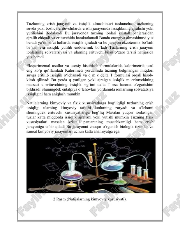 tizimlarda (qon, hujayra ichidagi suyuqliklar) ph barqarorligini ta'minlashda, fermentlar faoliyatini saqlashda, shuningdek, tibbiy diagnostika va davolash jarayonlarida muhim ahamiyatga ega. kimyo laboratoriyalarida buferlar reaksiyalarni boshqarish va tahlillarni amalga oshirishda keng ishlatiladi. buferlarning kimyoviy tarkibi va mexanizmi bufer eritmalarining kimyoviy tarkibi ikki asosiy komponentdan iborat: kuchsiz kislota (masalan, sirka kislotasi) va uning tuzi (masalan, natriy asetat), yoki kuchsiz asos (masalan, ammoniy gidroksid) va uning tuzi (masalan, ammoniy xlorid). bufer eritmalari asosan kislota-baza reaksiyalari orqali o‘z ph qiymatini saqlaydi. mexanizmga kelsak, buferlar qo‘shilgan kislota yoki asosni neytrallash orqali ph qiymatini barqarorlashtiradi. agar kislota qo‘shilsa, bufer eritmasidagi asoslar h⁺ ionlarini qabul qiladi, shuning uchun ph pasaymaydi. agar asos qo‘shilsa, bufer eritmasidagi kislotalar oh⁻ ionlarini neytrallash orqali ph darajasini saqlaydi. bu jarayonlar le shatelye printsipi asosida ishlaydi, ya'ni buferlar ionlarni qabul yoki ajratish orqali tizimdagi ph o‘zgarishini kamaytiradi. eritmalar barqarorligini saqlash sharoitlari eritmalarning barqarorligini saqlash uchun bir nechta sharoitlar muhim rol o‘ynaydi: 1. konsentratsiya: …
