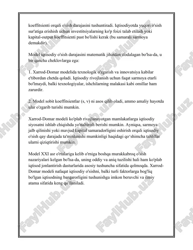 g'batlantirish mumkin. shuningdek, rivojlangan mamlakatlarda kapitalning samaradorligini oshirish orqali barqaror iqtisodiy rivojlanishga erishish mumkin. xarrod-domar modeli har safar ko'plab tanqidlarga sabab bo'lsa-da, u iqtisodiy o'sish jarayonlarini tahlil qilishda muhim dastlabki yondashuvlardan biri hisoblanadi. bu model asosida keyingi nazariyalar va amaliyotlar rivojlandi, jumladan solow modeli va boshqalar. yuqoridagi raqamli parametrlar asosan iqtisodchi va tadqiqotchilar tomonidan o'rganilishi lozim bo'lgan asosiy tushunchalardir. ushbu modelda ko'rsatilgan sarmoya va jamg'arishning muhimligi rivojlanish strategiyalari uchun yo'l xaritasi sifatida foydalaniladi. eng optimal yechimlarni topish va barqaror iqtisodiy o'sishni ta'minlash uchun bu modelning tamoyillari amalda qo'llanilishi zarurdir. 3. solou modeli asoslari sizga solou modeli asoslari bo'yicha ma'lumotlar kerak ekan. quyida ushbu model haqida asosiy ma'lumotlarni keltiraman. --- solou modeli, to‘liq nomi robert solou tomonidan ishlab chiqilgan "solou-swan o‘sish modeli", iqtisodiy o‘sishni tahlil qilish uchun keng qo‘llaniladigan neoklassik o‘sish modelidir. ushbu model 1950-yillarda robert solou va trevor swan tomonidan ishlab chiqilgan bo‘lib, iqtisodiy o‘sish va ishlab chiqarishning uzoq muddatli …