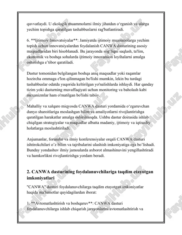 mkoniyatlar orqali canwa dasturi foydalanuvchilarga samarali boshqaruv va tezkor operatsiyalarni ta'minlaydi. asosiy maqsad - foydalanuvchilarning ishlash jarayonini qulaylashtirish, optimallashtirish va xarajatlarni kamaytirish hisoblanadi. bu dastur orqali foydalanuvchilar o'z bizneslarini yanada rivojlantirish va bozorda raqobatbardoshlikni oshirish imkoniga ega bo'ladilar. 3. canwa dasturining o'rnatish va sozlash jarayoni canwa dasturining o'rnatish va sozlash jarayoni haqida batafsil ma'lumot berishdan avval, dastur haqida qisqacha tushuncha berib o'taman. afsuski, siz zikr qilgan "canwa" dasturini aniq bilmasligim sababli, umumiy dasturlarning o'rnatilishi va sozlanishi jarayonini ko'rib chiqamiz. dastur bu qaysi sohada qo'llanilishiga qarab, o'rnatish va sozlash jarayonlari har xil bo'lishi mumkin. umumiy holda, dasturlarni o'rnatish va sozlash jarayonlari quyidagi bosqichlarni o'z ichiga oladi. 1. **tizim talablarini tekshirish:** - har bir dasturni o'rnatishdan avval, avvalo tizim talablarini tekshirish lozim. bu odatda dastur ishlab chiqaruvchisi tomonidan berilgan minimal va tavsiya etilgan tizim talablaridan iborat bo'ladi. misol uchun, operatsion tizim versiyasi, protsessor kuchi, xotira hajmi va diskda bo'sh joy. - buning …