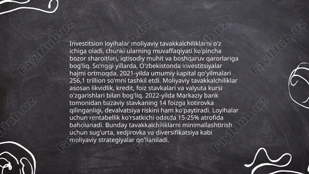 lishda resurslarni optimal boshqarish qurilish jarayonini samarali va tejamkor qilish uchun muhimdir. qurilishda resurslar orasida vaqt, moliyaviy mablag‘lar, ishchi kuchi, materiallar va texnika kiradi. optimal boshqarish uchun, resurslardan samarali foydalanish rejasi tuziladi va loyiha jadvali puxta ishlab chiqiladi. statistikaga ko‘ra, qurilish loyihalarining 30-45% moliyaviy mablag‘lari resurslarni noto‘g‘ri boshqarish tufayli ortib ketishi mumkin. zamonaviy texnologiyalar, masalan, bim (building information modeling) qo‘llanilishi, resurslarni boshqarishni yaxshilashda samarali vosita sifatida tan olinadi. shu bilan birga, resurslarni real vaqt rejimida kuzatish imkonini beruvchi dasturlar yordamida muammolarni erta aniqlash va yechim topish imkoniyati ortadi. natijada, bu jarayonlar loyihalar 10-15% muddati qisqartirilishi va 20-25% gacha tejamkorlik keltirib chiqarishi mumkin. ... t.me/slaydai_bot qurilish kompaniyalarining iqtisodiy samaradorligi ko'plab omillar bilan baholanadi. odatda, bu kompaniyalar tomonidan yillik daromadlar, foyda marjalari va aylanma mablag'lar ko'rsatkichlari tahlil qilinadi. misol uchun, 2022-yilda, o'rtacha qurilish kompaniyasining daromadi 100 million so'm bo'lishi mumkin, foyda marjalari esa 10% ni tashkil eta oladi. samaradorlikni oshirish uchun kompaniyalar …
