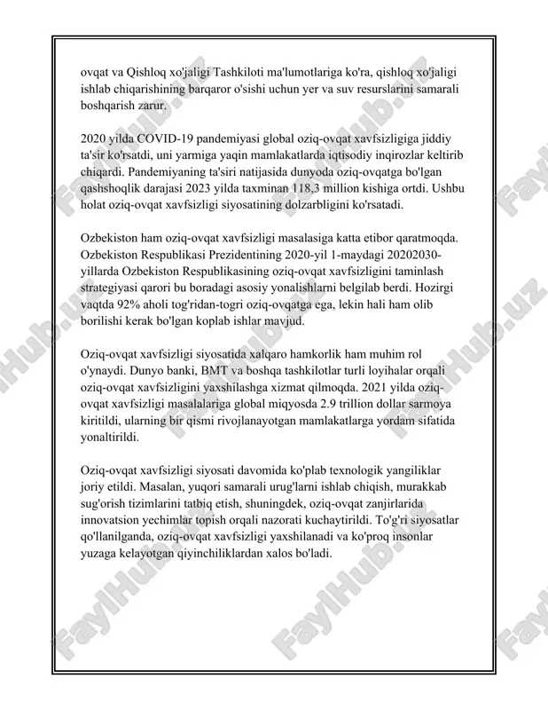 onaviy innovatsion usullarni qo'llash orqali qator ijobiy natijalar qo'lga kiritilmoqda. statistik ma'lumotlarga ko'ra, o'zbekistonda qishloq xo'jaligi mahsulotlarining umumiy qiymati 2020 yilda 25 milliard aqsh dollaridan oshgan. qishloq xo'jaligi ishchilarining soni esa 3,5 million nafardan ko'proqni tashkil etadi. bu esa mamlakat aholisining katta qismi qishloq xo'jaligiga bog'liq hayot tarzini olib borayotganini ko'rsatadi. o'zbekistonda qishloq xo'jaligida hosildorlikni oshirish uchun olib borilayotgan ishlar doirasida innovatsion rivojlanish va raqamli texnologiyalarni qo'llash muhim ahamiyat kasb etmoqda. shuningdek, agrosanoat kompleksini yanada rivojlantirish uchun chet el investitsiyalarini jalb qilish, logistika infratuzilmasini yaxshilash va eksport salohiyatini oshirishga ham e'tibor qaratilgan. bu omillar dehqonchilikda hosildorlik masalalarining muvaffaqiyatli yechilishiga xizmat qilishi bilan birga, o'zbekiston qishloq xo'jaligidagi raqobatbardoshlikni oshirishga hissa qo'shadi. muammolar sifatida esa, irrigatsiya tizimlarining rivojlanmaganligi, yer va suv resurslarining cheklanganligi va yerlarning tuzlanishi kabi masalalar tilga olinishi mumkin. shu bois, qishloq xo'jaligida barqaror rivojlanishni ta'minlash uchun uzluksiz islohotlar va yangi yondashuvlarni joriy qilish lozim. 3. qishloq xo'jaligi mahsulotlarini eksport …