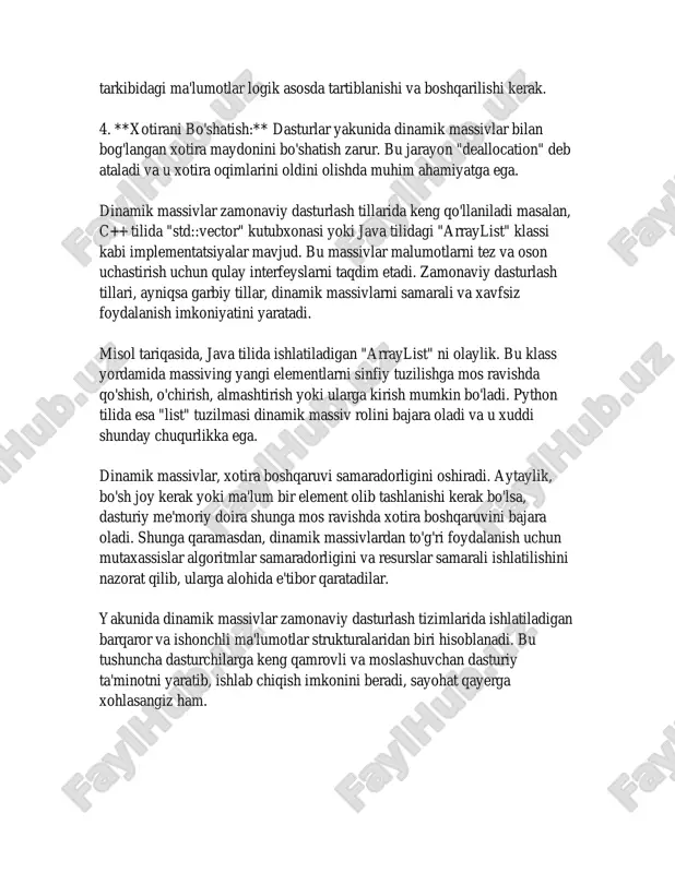 uchun asosiy e'tibor qaratilishi kerak bo'lgan narsa – ushbu jarayonlar fon xotira vaqti va qobiliyatlaridan qanday foydalanishini tushunishdir. python dasturlash tili bo'yicha esa `list` obyekti dinamik massiv sifatida ishlaydi. python uchun ham xuddi javada bo‘lgani kabi sxema bo‘yicha massivlar hajmi oshiriladi. masalan, pythonning qayta o'sish tizimi odatiy holatda belgilangan hajm tugaganda mavjud hajmning 1.125 (1/8) qismi hisobida o'sirilishi mumkin. shu sababli, python list tuzilmasi ma'lumotlarga qo'shimcha kiritish va qaytarish operatsiyalarida yengilroq va qulayroq bo'ladi. dinamik massivlar ma'lumotlarni saqlash va ularga tez kirish imkoniyatini ta'minlash sifatida keng qo'llaniladi. ular, ayni paytda massivdan ma'lumot olib tashlash yoki ularni kiritish zarur bo‘lib turganda juda mos keladi. xususan, katta hajmdagi ma'lumotlar bilan ishlashda, massivning ortiqcha hajm yoki kamlik muammosi mavjud. ko‘rinib turibdiki, turli dasturlash tillarida turlicha, ammo mohiyatiga ko‘ra o‘xshash dinamik massivlar tushunchasi mavjud. dasturchilar uchun eng muhim vazifalardan biri – yangi elementlar kiritilganda yoki mavjudlari olib tashlanganda, sig‘imni qanday boshqarishni bilishdir, sababi, bu …