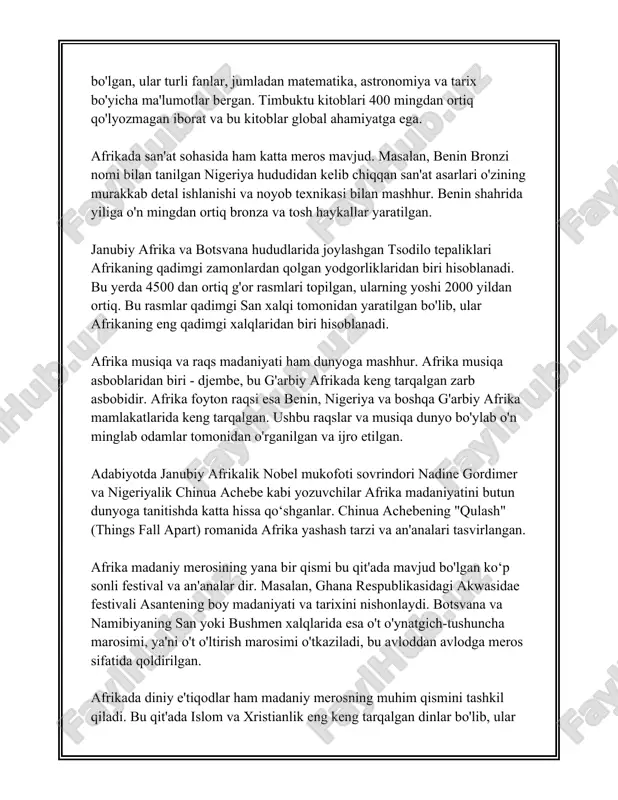 oniga ega bo'lgan mamlakatlardan biri bo‘lib, u yerda 242 ta til so‘zlashiladi. - arab tili afrikada eng ko'p so'zlashiladigan til bo'lib, taxminan 160 milliondan ortiq kishi bu tilda gaplashadi. - suaxili tili afrika qit’asidagi eng ko‘p kishi so‘zlashadigan savdo tillaridan biridir. 50 milliondan ortiq inson bu tilni ikkinchi til sifatida so‘zlashadi. rasmiy tillar: - afrika qit’asida turli davlatlar turli rasmiy tillarni tan olgan. misr, jazoir, tunis, sudan, marokash va liviya arab tilini rasmiy til sifatida tan olgan. - efiopiya amhar tilini rasmiy til sifatida tan olgan. - tanzaniya va keniya davlatlari suaxili va ingliz tillarini rasmiy tillar qatorida kiritgan. ushbu ma'lumotlar afrikaning boy madaniyati, tillar xilma-xilligi va tarixiy rivojlanishini aks ettiradi. har bir til va dialekt o'ziga xos madaniyat, an'analarga ega bo'lib, vaziyatga qarab ularning roli va nufuzi o'zgarib turadi. 3. afrika xalqlarining urf-odatlari 3. afrika xalqlarining urf-odatlari haqida ma'lumot afrika – o'ziga xos va boy madaniy merosga ega bo'lgan …