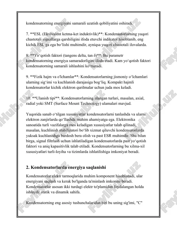 bartaraf etish uchun foydalaniladi. kondensator texnologiyasi doimo rivojlanib bormoqda, yangi materiallar va ishlab chiqarish usullari elektr tarmoqlarining samaradorligini oshirishga imkon bermoqda. kengaytirilgan nanotexnologiyalar va yangi dielektrik meteriallar kondensatorlarning ommabopligini oshirmoqda, chunki bu texnologiyalar ularning sig'imini oshirish va o'lchamlarini kamaytirish imkonini beradi. har qanday elektron yoki elektr tizimda, kondensatorlar zarur bo'lib, ularning sifati tizimning umumiy ish faoliyatiga katta ta'sir ko'rsatadi. yangilanishlar va kondensatorlarning yangi modellarini yaratish orqali texnologiyalarni o'zgartirish davom etmoqda, bu esa kelajakda yangi imkoniyatlar yaratyapti va elektr energiya saqlash tizimlarini rivojlantiradi. 3. induktivlik g'altaklarning asosiy xususiyatlari induktivlik g'altaklari – bu elektr zanjirlaridagi asosiy komponentlardan biri bo'lib, ularning asosiy vazifasi magnit maydon yordamida elektr energiyasini saqlash va o'tkazishni ta'minlashdir. induktivlik g'altaklarining qator xususiyatlari va parametrlarini ko'rib chiqamiz. birinchidan, induktivlik g'altaklarining asosiy parametri bu induktivlik ko'rsatkichi \(l\) hisoblanadi va u genri (h) bilan o'lchanadi. 1 genri – bu g'altak orqali oqib o'tayotgan tok o'zgarishi 1 amper/spring boʻlganda 1 volt kuchlanuvchi eroziya …