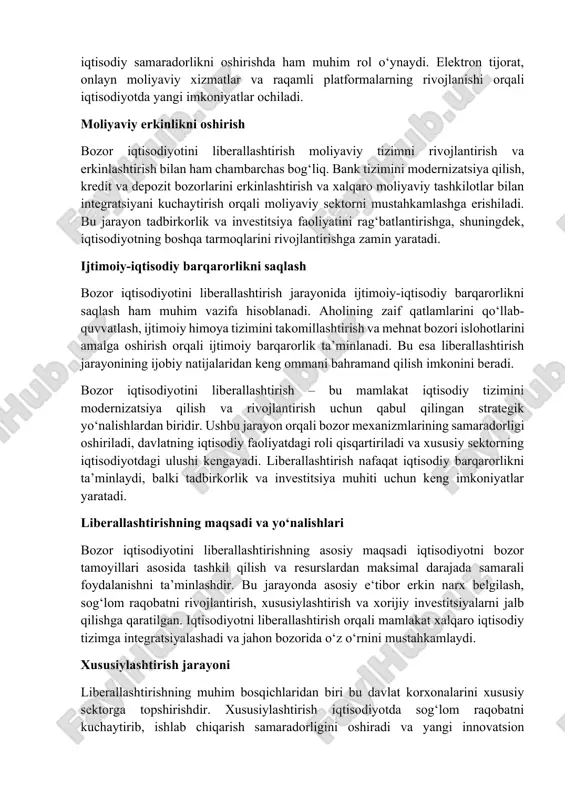 radorligi oshiriladi, davlatning iqtisodiy faoliyatdagi roli qisqartiriladi va xususiy sektorning iqtisodiyotdagi ulushi kengayadi. liberallashtirish nafaqat iqtisodiy barqarorlikni ta’minlaydi, balki tadbirkorlik va investitsiya muhiti uchun keng imkoniyatlar yaratadi. liberallashtirishning maqsadi va yo‘nalishlari bozor iqtisodiyotini liberallashtirishning asosiy maqsadi iqtisodiyotni bozor tamoyillari asosida tashkil qilish va resurslardan maksimal darajada samarali foydalanishni ta’minlashdir. bu jarayonda asosiy e‘tibor erkin narx belgilash, sog‘lom raqobatni rivojlantirish, xususiylashtirish va xorijiy investitsiyalarni jalb qilishga qaratilgan. iqtisodiyotni liberallashtirish orqali mamlakat xalqaro iqtisodiy tizimga integratsiyalashadi va jahon bozorida o‘z o‘rnini mustahkamlaydi. xususiylashtirish jarayoni liberallashtirishning muhim bosqichlaridan biri bu davlat korxonalarini xususiy sektorga topshirishdir. xususiylashtirish iqtisodiyotda sog‘lom raqobatni kuchaytirib, ishlab chiqarish samaradorligini oshiradi va yangi innovatsion texnologiyalarni joriy etishga zamin yaratadi. xususiy sektorga o‘tgan korxonalar bozor sharoitlariga moslashib, resurslardan samarali foydalanadi va o‘z faoliyatini modernizatsiya qiladi. raqobat muhitining rivojlanishi bozor iqtisodiyotini liberallashtirish doirasida monopoliyalarning oldini olish va erkin raqobat muhitini yaratish asosiy vazifalardan biridir. bu jarayon uchun raqobat siyosatini amalga oshirish, monopoliyaga …