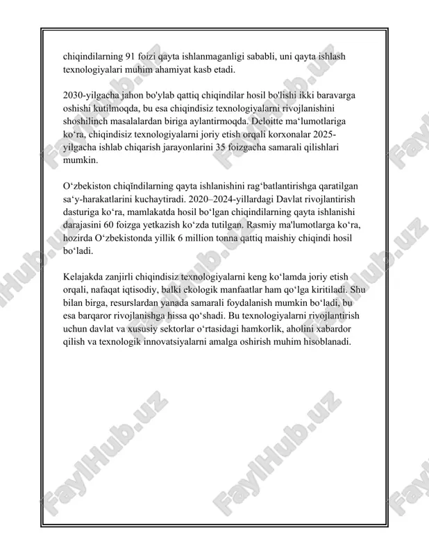 agi rivojlanishi barqaror energetika ta'minoti va global issiqxona gazlarini kamaytirish uchun muhimdir. 2020-yilda jahonda qayta tiklanuvchi energiya manbalaridan foydalanish darajasi 29% ni tashkil etdi va ulardan olinadigan elektr energiyasi yillik o'sish darajasi 8,5% ga teng bo'ldi. qayta tiklanuvchi energiya manbalariga sarmoya 2017-yilda 242 milliard dollar bo'lsa, 2020-yilda bu raqam 303 milliard dollarni tashkil etdi. xitoy dunyodagi eng katta investitsiya qo'yuvchi hisoblanadi, undan keyingi qatorlarda aqsh va yevropa ittifoqi turadi. kelajakda, qayta tiklanuvchi energiya manbalarining ulushi energiya balansida oshishi kutilmoqda. xalqaro energiya agentligi 2050-yilga kelib, qayta tiklanuvchi energiya manbalaridan olinadigan elektr energiyasining global ulushi 70% gacha oshishi mumkinligini bashorat qiladi. bu atrof-muhitni himoya qilish, iqlim o'zgarishini kamaytirish va energiya xavfsizligini ta'minlash uchun muhim ahamiyatga ega bo'ladi. qemning tarqalishi davlat siyosati, texnologik taraqqiyot, va iqtisodiy rag'batlantirish bilan bog'liq. shu bilan birga, infrastrukturani rivojlantirish, energiya saqlash texnologiyalarini yaxshilash va bozor talablarini qondirish ham zarur masalalardan biri hisoblanadi. 3. qayta ishlash usullarini optimallashtirish. qayta …