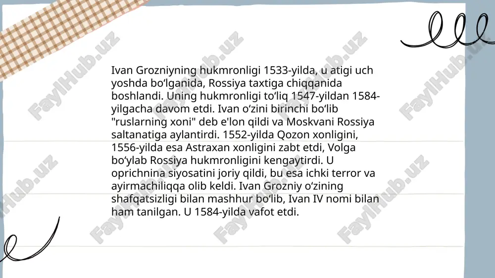 o‘llarida muhim o‘rin tutdi. 17 asrda rossiya imperiyasi ko‘plab yangi hududlarni o‘z tarkibiga qo‘shib, iqtisodiy rivojlanishni yanada jadallashtirdi. yangi o‘lkalarni qo‘lga kiritish va ularda yangi resurslarni ekspluatatsiya qilish orqali iqtisodiyotda o‘sish kuzatildi. bu davrda xitoy, turkiya, va yevropa davlatlari bilan savdo aloqalari mustahkamlandi, ammo bu jarayonlar hali ham agrar va feodal tizimga asoslangan edi. 18 asrda rossiya iqtisodiyoti yanada diversifikatsiya qilishga intildi. asosan, sanoatni rivojlantirish va ichki bozorni kengaytirish uchun bir qator islohotlar amalga oshirildi. yevropadagi savdo aloqalari faollashdi, shu bilan birga xitoy va osiyo mamlakatlari bilan savdo o‘sishi davom etdi. bu davrda rossiya iqtisodiyoti eksport va import hajmlarining ortishi bilan ajralib turdi, bu esa imperiyaning iqtisodiy raqobatbardoshligini oshirishga xizmat qildi. ... t.me/slaydai_bot 9. yevropaga qarash va g‘arbiy ta’sirlar mavzusi turli davrlarda o'zbekiston jamiyatida muhim bo‘lgan. xususan, xix asr oxiri va xx asr boshlarida yevropaning ilmiy, texnologik va madaniy yutuqlari o‘rta osiyo hududiga tarqaldi. buxoro amirligi va xiva xonligi davrida …