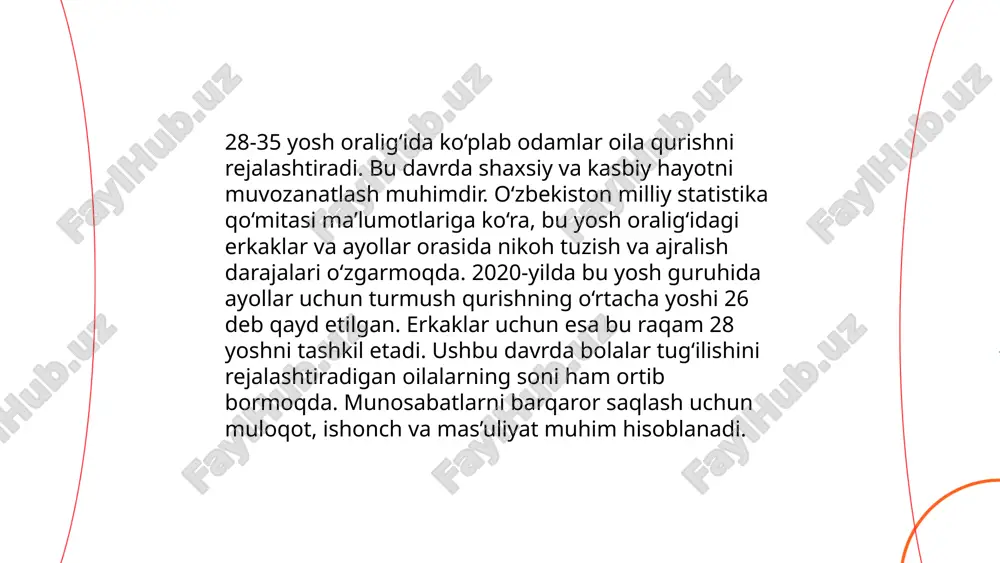 tajribasi ko'plab omillar bilan bog'liq. statistikaga ko'ra, yetuklik davrida farzand ko'rish yoshi odatda 20-30 yosh oralig'ida kuzatiladi. shu yoshda ota-onalar jismoniy, ruhiy va moliyaviy jihatdan ko'proq barqarorlikka ega bo'lishadi. tadqiqotlar shuni ko'rsatadiki, 25-35 yoshdagi ota-onalar bolasining intellektual rivojlanishiga ko'proq ijobiy ta'sir ko'rsatadi. statistik ma'lumotlarga ko'ra, 2020 yilda dunyo bo'yicha o'rtacha birinchi farzand ko'rish yoshi 28 yoshni tashkil etgan. yetuklik davrida ota-ona bo'lish nazorat va vazifalar yukini oshiradi, ammo barqarorlik va yetuklik ko'pincha muvaffaqiyatli ota-onalikka olib keladi." ... t.me/slaydai_bot 10. do'stlik va ijtimoiy doira kengaytirish. do'stlik va ijtimoiy doira kengaytirish insonlar uchun sezilarli foyda keltiradi. ilmiy tadqiqotlar shuni ko'rsatadiki, ijtimoiy aloqalar insonlar salomatligini yaxshilaydi va baxt darajasini oshiradi. oksford universiteti tomonidan o'tkazilgan tadqiqotga ko'ra, odamlarning do'stlar soni ko'payishi bilan ular 10% ko'proq baxtli bo'lishadi. bundan tashqari, kuchli ijtimoiy tarmoq inson umrini 50% ga oshirishi mumkin. qo'shimchasiga, aqsh milliy ilmlar akademiyasining tadqiqotlari ijtimoiy doirani kengaytirish stress darajasini 30% ga qisqartirishi mumkinligini ko'rsatadi. …