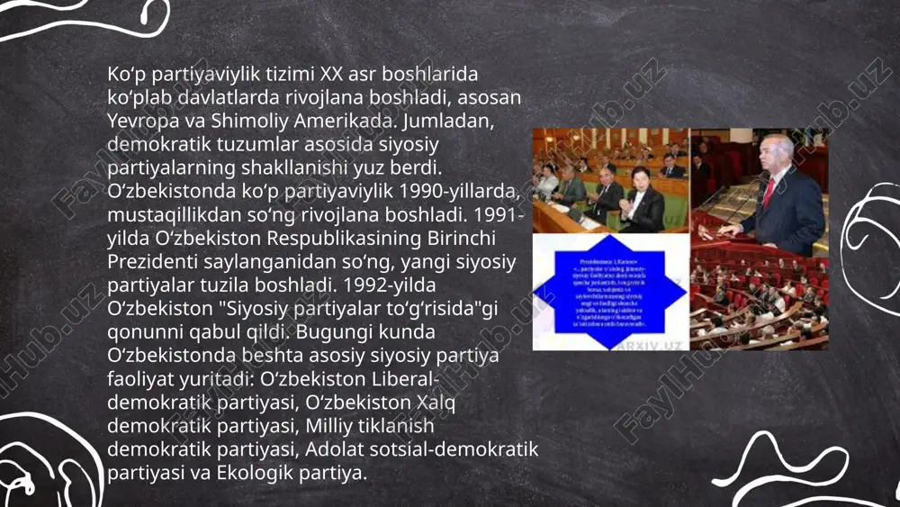 rtiyaviylik tizimi jamoatchilik fikriga ijobiy taʼsir koʻrsatar ekan. masalan, skandinav davlatlarida koʻp partiyali saylov tizimi tufayli fuqarolarning 70% dan ortigʻi siyosiy jarayonlarga ishonch koʻrsatadi. birlashgan millatlar tashkiloti maʼlumotlariga koʻra, koʻp partiyaviylik 30 dan ortiq mamlakatlarda siyosiy barqarorlikka hissa qoʻshadi, bu esa ijtimoiy hamjihatlikka olib keladi. dunyo boʻylab 60% dan ortiq mamlakatlar koʻp partiyali tizimni qabul qilgan. oʻzbekistonda koʻp partiyaviylik tizimining qaror topishi va unin tasnifi sharipov laziz e'tiboringiz uchun raxmat! image1.png image2.png image3.png image4.jfif image5.png image6.jfif image7.png image8.jfif image9.jfif image10.jfif