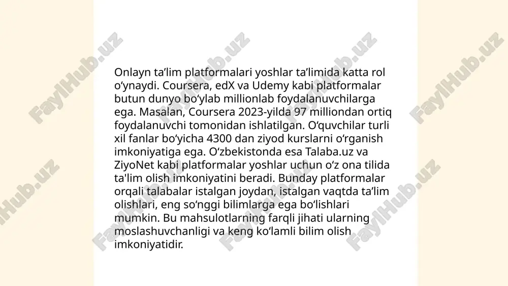 lar ham videolar orqali ta’lim olish imkonini beradi. masalan, coursera’da 77 milliondan ortiq foydalanuvchi ro’yxatdan o’tgan va 5 mingdan ortiq kurs mavjud. statistika ko'rsatkichlari, onlayn ta’lim platformalari orqali ta'lim olish, an'anaviy ta’lim usullariga nisbatan ko'proq moslashuvchanlik va qulaylik taqdim etayotganini ko'rsatadi. ... t.me/slaydai_bot 9. dasturlash va kodlash zamonaviy yoshlar uchun muhim ko‘nikmalardan biri hisoblanadi. bugungi kunda, dunyo bo‘yicha 2.7 milliarddan ortiq dasturchi mavjud. ushbu soha yildan-yilga 21% o‘sish sur'atini ko‘rsatmoqda. dasturlash kundalik hayotda qo‘llanadigan texnologiyalarni yaratishga imkon beradi, shuningdek, muammo yechish va analitik fikrlash kabi ko‘nikmalarni rivojlantiradi. ma’lumotlarga ko‘ra, 2025-yilga kelib, global it bozorida 85 million ish o‘rni yaratilishi kutilmoqda. shu sababli, yoshlar o‘rtasida dasturlash va kodlash ko‘nikmalariga bo‘lgan talab doimiy ravishda oshib bormoqda. ... t.me/slaydai_bot 10. ta’limda sun'iy intellektning o‘rni va imkoniyatlari. sun'iy intellekt (si) ta'lim sohasida inqilobiy o'zgarishlar olib kelmoqda. global o'quvchilarning 47% si yechimlarini o'z darslarida qo'llamoqda. platformalar, masalan, edtech kompaniyalari, si yordamida 24/7 yondashuvni ta'minlaydi; bu …