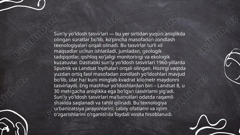 ng raqamli modelini yaratishga asos bo'ladi. o‘zbekistonda yer resurslari monitoringi uchun ortofotolar tez-tez foydalaniladi. ... t.me/slaydai_bot kartografik syomka — yer yuzasining ma'lum bir qismini xaritada, reja yoki chizmada tasvirlash uchun mo‘ljallangan geodeziya ishlari majmui. ushbu jarayon, odatda, topografik xaritalar yaratishda asosiy ahamiyatga ega. syomkaning aniqligi va batafsilligi xaritalanayotgan hududning murakkabligiga bog‘liq. kartografik syomka asosan aerofotosyomka va yer usti syomkasidan foydalanib amalga oshiriladi. aerofotosyomka yordamida yuqori aniqlikdagi tasvirlar olinib, ularni raqamlashtirish va tahlil qilish orqali xaritaga o‘tkaziladi. yer usti syomkasida esa an'anaviy o‘lchov asboblari va zamonaviy gps texnologiyalaridan foydalaniladi. olingan ma’lumotlar hisobiga hududning relefini, ko‘chalarni, binolarni va boshqa obyektlarni tasvirlash imkoniyati tug‘iladi. ... t.me/slaydai_bot panoramik syomka — keng ko'lamli tasvirlarni olish usuli. bu texnika odatda landshaft tasvirlarini yaratishda qo'llaniladi. panoramik suratlar odatda ko'plab alohida suratlarni birlashtirib, keng ko'rinishni yaratadi. ushbu usul suratga olishda maxsus asbob-uskunalar, masalan, panoramik kameralar yoki linzalar ishlatiladi. panoramik syomka texnologiyasi yil sayin rivojlanmoqda. masalan, mobil telefonlarda ham …