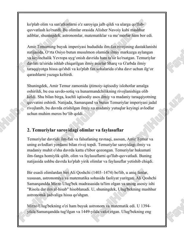 adi. ular matematika, muhandislik va astronomiya sohalarida yangiliklar kiritishni davom ettirdilar. umuman olganda, temuriylar davri o'rta osiyo ilm-fani uchun oltin davr bo'ldi, chunki bu davrda ko'plab yirik ilmiy va falsafiy asarlar yaratildi va bu davrning hosilasi butun dunyo ilm-faniga katta ta'sir ko'rsatdi. 3. samarqand va buxoro - temuriylar davri madaniyati markazlari samarqand va buxoro shaharlarining temuriylar davrida madaniyati juda yuksak darajada rivojlangan edi. temuriylar davri o'rta osiyo tarixida muhim o'rin tutadi. amir temur va uning avlodlari davlatni boshqarish bilan birga, o'ziga xos madaniyat markazlarini yaratishga katta e'tibor berishgan. xususan, samarqand va buxoro ushbu davrda qudratli va boy madaniy markazlarga aylangan. samarqand temuriylar imperiyasining poytaxti bo'lgan va bu shahar dunyoning eng nufuzli madaniyat markazlaridan biri sifatida e'tirof etilgan. temur 1370 yilda samarqandni poytaxt qilib e'lon qilgan va bu yerda ko'plab go'zal va betakror me'moriy inshootlarni bunyod etgan. ulardan biri - bibixonim masjidi. bu masjid 1399-1404 yillarda qurilgan va o'sha davrning eng …