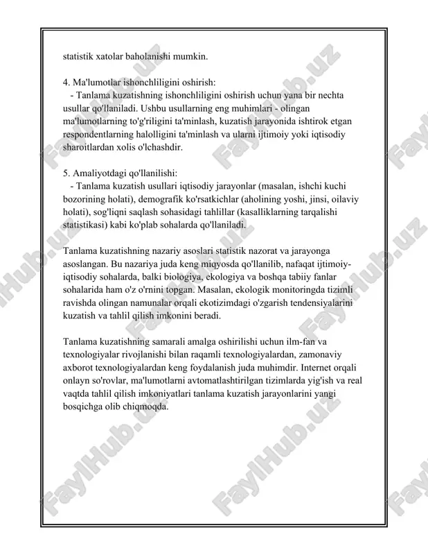 masalan, ma'lum ketma-ketlikdagi (har o'ninchi) shaxslarni tanlash. ushbu usul va tanlamalar statistik jarayonlarda ma'lumot yig'ishni optimallashtiradi. tadqiqotchilar ularning yordamida umumiy natijani yanada ishonchli va aniq olishlari mumkin. har bir tanlangan uslub yoki tanlama tadqiqotning maqsadi va sharoitiga qarab tanlanadi. shu sababli, xulosalar chiqarishda tanlamalar aniq va to'g'ri bo'lishi kerak. statistik jarayonlar muvaffaqiyatli bo'lishi uchun mos usul va tanlamani tanlashning ahamiyati yuqori. ular yordamida katta hajmdagi ma'lumotlar samarali bosqichlarda qayta ishlanadi, tahliliy ishlarning sifati va ishonchliligi ta'minlanadi. mukammal tanlangan kuzatish va tanlama usullari bilan tadqiqot natijalari aniqligi va ishonchliligini yaxshilash mumkin. yakuniy natijalar, odatda, statistik jihatdan ahamiyatli xisoblanadi, agar to'g'ri tanlangan uslub va tanlamalar qo'llanilgan bo'lsa. natijalar yordamida tashkilotlar, davlatlar yoki tadqiqotchilar o'z faoliyatini rejalashtirishda, qarorlar qabul qilishda foydalanishi mumkin. mazkur jarayonlar statsionar jihatdan ishonchli bilim olish imkoniyatini beruvchi muhim vositalardir. 3. tanlama kattaligi va ifodaliligi "tanlama kattaligi va ifodaliligi" mavzusi statistik tahlil va izlanishlar uchun muhim ahamiyatga ega. statistik tahlil …