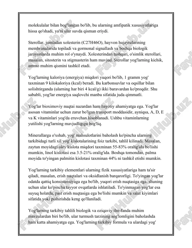 shqa maxsus mineral moddalardan foydalangan holda. 3. **filtrlash**: yog' tarkibidagi qattiq zarrachalar mexanik filtrlash orqali olib tashlanadi. bu usul yog'lardan oz miqdordagi aralashmalarni ajratish uchun ishlatiladi. 4. **parlanish va hidronizatsiya**: uzoqroq qaynashda yog'largiga kiruvchi vositalar bug'lash va hidronizatsiya yordamida ajratib olinadi. bu usul ko'proq sanoat miqyosida ishlatiladi. 5. **kristallizatsiya va fraktsiya ajratish**: ayniqsa, kakao va palma yog'lari kabi mahsulotlarda ma'lum fraktsiyalar, masalan, uglerod zanjirlarining turli xil qismlari, maqsadli ajratiladi. 6. **biologik toliq-tozalash**: bu jarayon biologik vositalar yordamida olib boriladi, bunda mikroorganizmlar va fermentlar vositasida yog'larning tozalanishi olib boriladi. zamonaviy bio-rafinirovka usullarida bu ko'proq ekologik toza usul ko'rib chiqiladi. yuqoridagi usullar har bir turdagi yog' uchun ularning xossalariga qarab turli kombinatsiyalarda qo'llanilishi mumkin. har bir usulning afzalliklari va cheklovlari mavjud. foydalanish maqsadiga qarab, yog'larni qayta ishlash nafaqat ularni kundalik hayotda ishlatish, balki oziq-ovqat, kosmetika, farmatsevtika va boshqa ko'plab sanoatlarda foydalanish imkoniyatlarini kengaytiradi. yog'larni ajratish va tozalashning samarali usullarini qo'llash esa ulardan …
