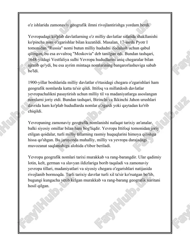 idagi qum" degan ma’no beradi. 10. **amsterdam**: amsterdamning nomi "amstel" daryosi ustidagi to‘siqdan (dam) kelib chiqqan. "amstelredamme" nomi asta-sekin qisqa shaklga o‘tkazilib, hozirgi "amsterdam" shakliga keltirilgan. yevropadagi shaharlar nomlarining kelib chiqishi odatda ularning geografik joylashuvi, tarixiy jarayonlar va dastlabki aholisi bilan bog‘liqdir. ushbu etimologik ma'lumotlar yevropalik odamlarning tarixiy madaniy aloqalari va til rivojlanishi haqida qimmatli ma’lumotlarni beradi. bu barcha ma'lumotlar shaharlarning tarixi va ularning boy madaniy merosi haqidagi tushunchani chuqurlashtirishga yordam beradi. har bir nom o‘z ichida shaharlarning yanada chuqur va turli qirralarini aks ettiradi. 3. daryolar va ko'llar nomlari albatta, mana siz uchun 3. daryolar va ko‘llar nomlari haqida faqat ma'lumotlar va raqamlar. 1. daryolar: - amudaryo: o‘zbekistonning asosiy daryolaridan biri bo‘lib, umumiy uzunligi taxminan 2540 km. daryo turkmaniston va o‘zbekiston orqali oqib o‘tadi. - sirdaryo: o‘zbekistonning yana bir muhim daryosi hisoblanib, uzunligi taxminan 2212 km. daryo qirg‘iziston, o‘zbekiston va qozog‘iston orqali oqib o‘tadi. - zarafshon daryosi: uzunligi taxminan …