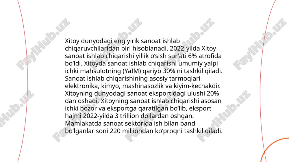 ft va ko'mir iste'molida yetakchi o'rinda turadi. 2022 yilda xitoyning yillik energiya iste'moli taxminan 3,650 million tonna neft ekvivalenti sifatida baholangan. elektr iste'molida ham katta o'sish kuzatildi, o'z navbatida, elektr energiyasining asosiy qismi ko'mir yoqilg'isi hisobidan ishlab chiqariladi. shu bilan birga, xitoyning qayta tiklanuvchi energiya manbalariga bo'lgan e'tibori ortib bormoqda, xususan, 2020 yilda mamlakatda 895 gw elektr quvvat qayta tiklanuvchi energiya manbalaridan olingan. ... t.me/slaydai_bot 10. xitoyda yashash minimumi xitoyda yashash minimumi yashash joyidan va sharoitlaridan kelib chiqib farqlanadi. 2023-yilda, xitoyda o'rtacha yashash minimumi yillik daromad sifatida taxminan 28,000-50,000 yuan orasida o'zgaradi. poytaxt pekinda bu ko'rsatkich yuqoriroq bo'lib, yiliga taxminan 50,000 yuan tashkil etadi. boshqa shaharlarda, masalan, shanxay yoki shenchjen kabi yirik markazlarda esa bu raqamlar bir oz pastroq bo'lishi mumkin. kichik shaharlarda yoki qishloqlarda yashash minimumi sezilarli darajada pasayadi, yiliga taxminan 20,000-30,000 yuan bo'lishi mumkin. ushbu raqamlar ozuqa, uy-joy, transport va boshqa asosiy ehtiyojlar xarajatlarini qamrab oladi. ... t.me/slaydai_bot …