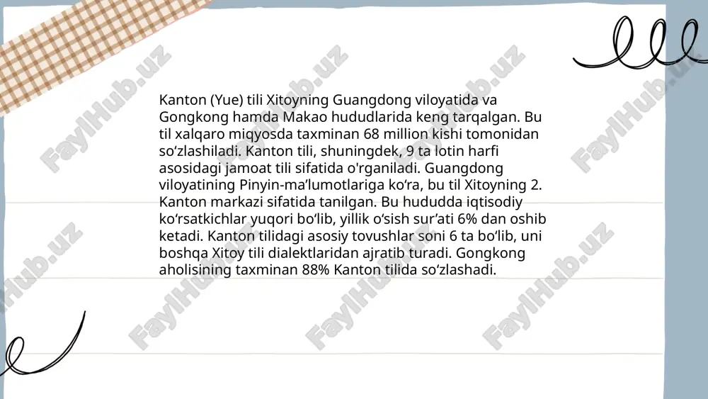 rim qulay tovushlar va talaffuz o'zgarishlari mavjud. bugungi kunda bu sheva ko'plab kino va televizion programmalar, davlat axboroti va ta'lim materiallarida keng qo'llaniladi. ... t.me/slaydai_bot sichuan shevasi, xitoyning janubi-g'arbida joylashgan sichuan viloyatining asosiy tili bo'lib, mandarin tilining turli lahjasidir. xitoyda sichuan shevasida taxminan 120 million kishi so'zlashadi. ushbu sheva an'anaviy xitoy yozuvida yoziladi, ammo talaffuz va lahja nuqtai nazaridan boshqa mandarin lahjalaridan farq qilishi mumkin. sichuan shevasining eng yaqin o'xshashlari chongqing va yunnan shevalari hisoblanadi. ushbu hududning madaniyati va taomlari ham tilga bog'liq ravishda boy va xilma-xildir. yaqinda sichuan shevasining film va madaniy asarlarda ko'rinish olishi uning ommaviyligini oshirmoqda. shu orqali yangi avlod sichuan shevasiga qiziqish bilan yondashmoqda. ... t.me/slaydai_bot 10. shandong shevasi (mandarin ichida) shandong shevasi (mandarin ichida) xitoyning shandong viloyatida yetishtiriladigan mashhur meva. ushbu mandarinlar o'zining shirinligi va suvli mazasi bilan tanilgan. shandong shevasi ko'pincha oxirgi bahorda va yoz boshida yig'ib olinadi. xitoyda sitrus yetishtirish bo'yicha shandong viloyati …