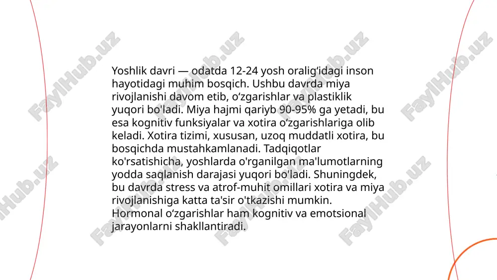 i 10-15 daqiqa davomida bunday mashq qilish xotiraning mustahkamlanishiga yordam beradi. xotira va diqqatni rivojlantirish uchun maxsus mobil ilovalar ham mavjud. ... t.me/slaydai_bot hotirani yaxshilash uchun ushbu maslahatlar foydali bo‘lishi mumkin: 1. muntazam ravishda fotokarta yoki diqqatni talab qiluvchi o‘yinlar o‘ynash orqali miyani mashq qildiring. 2. har kuni yetarli miqdorda suv iching va sog‘lom ovqatlaning, ayniqsa omega-3 yog‘ kislotalari va antioksidantlarga boy mahsulotlar iste’mol qilish muhimdir. 3. kamida 7-8 soat uxlash orqali miyani dam oldirishga imkon bering. 4. stress darajasini pasaytirish uchun meditatsiya yoki chuqur nafas olish mashqlarini bajaring. 5. ijtimoiy faoliyatlar bilan shug‘ullanish orqali miya faoliyatini rag‘batlantiring. 6. yangi ko‘nikmalar o‘rganing yoki yangi til o‘qing. 7. muntazam jismoniy mashqlar qiling, bu miyaga kislorod oqimini yaxshilaydi. ... t.me/slaydai_bot 10. yosh kattalashgan sayin xotirada yuz beradigan o'zgarishlar yosh kattalashgan sayin, inson xotirasida turli o'zgarishlar kuzatiladi. taxminan 60 yoshlikdan boshlanadigan bu jarayon normal qarishning bir qismi hisoblanadi. miya hujayralari soni asta-sekin kamayishi …