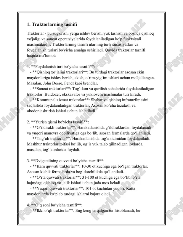 chki yonuv dvigatellari (yyd)**: benzin yoki dizel yoqilg‘isida ishlaydi. ko‘pchilik avtotransport vositalari ushbu dvigatel turlaridan foydalanadi. - **elektr avtomobillari**: to‘liq elektr energiyasida ishlaydi va atrof-muhitga zararli chiqindilar chiqarmaydi. - **gibrid avtomobillar**: elektr dvigateli va ichki yonuv dvigateli birikmasidan foydalanadi, yoqilg‘i samaradorligini oshirish va chiqindilarni kamaytirishga qaratilgan. - **vodorod yonuvchi dvigatellar**: vodorod-havo yonishini qo‘llaydi va ekologik toza hisoblanadi. 3. **o‘lchamlari va hajmiga ko‘ra tasniflash:** - **mikro avtomobillar**: juda kichik o‘lchamdagi avtomobillar, odatda ikki kishilik. - **kichik sinf avtomobillari**: nisbatan kichik o‘lchamdagi va arzon narxlardagi avtomobillar, masalan, xetchbeklar. - **o‘rta sinf avtomobillari**: o‘rtacha o‘lchamdagi va narxlardagi avtomobillar, masalan, sedan. - **yirik avtomobillar**: katta o‘lchamli, ko‘proq joy va qulayliklar taqdim etuvchi avtomobillar. bu turga suvlar kiradi. 4. **tovar modellari bo‘yicha tasniflash:** - har bir ishlab chiqaruvchi kompaniya o‘z modellari bo‘yicha avtomobillarni kategoriyalarga ajratadi. misol uchun, toyota kompaniyasining camry sedani, ford kompaniyasining f-150 yuk mashinasi. 5. **chiqindilar darajasi va ekologik standartlar bo‘yicha tasniflash:** - …
