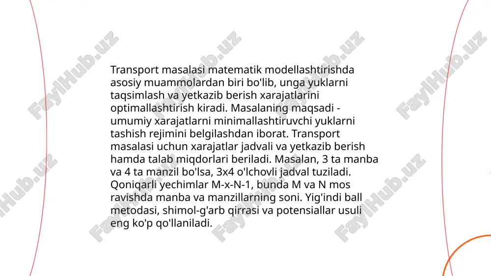 gistika sohasida transport masalasi yordamida mahsulot yetkazib berish muddati 10-25% ga qisqartiriladi. avtomatlashtirilgan dasturlar va algoritmlar bu jarayonni yanada tezlashtiradi va natijada kompaniyalar raqobatbardosh bo'lish imkoniyatiga ega bo'ladi. shuningdek, bu masalani yechish orqali ekologik omillar ham hisobga olinib, zararli gazlar chiqarilishi kamaytiriladi. ... t.me/slaydai_bot bozor iqtisodiyoti sharoitida transport masalasi alohida e'tiborga loyiq. o‘zbekiston respublikasining transport sektori mamlakat iqtisodiyatida muhim o‘rin tutadi. respublikada 42 ming kilometr avtomobil yo‘llari, 4,600 kilometr temir yo‘l tarmog‘i mavjud, ulardan 2,500 kilometri elektrlashtirilgan. har yili taxminan 1 milliard tonna yuk va 400 million yo‘lovchi tashiladi. transport sektori umumiy yaimning 8-10 foizini ta'minlaydi. bu sohada investitsiyalar hajmi o‘sib bormoqda, 2022 yilda bu miqdor 1,5 milliard aqsh dollarini tashkil etdi. transport infratuzilmasini rivojlantirish iqtisodiy o‘sishning muhim tarkibiy qismlaridan biridir. ... t.me/slaydai_bot 10. raqamli texnologiyalar va transport masalasi raqamli texnologiyalar va transport sohasida bir qator ilg‘or yutuqlar kuzatilmoqda. masalan, toshkent shahrida 2023-yilga kelib ko‘chalarni raqamli nazorat qilish tizimlari orqali …